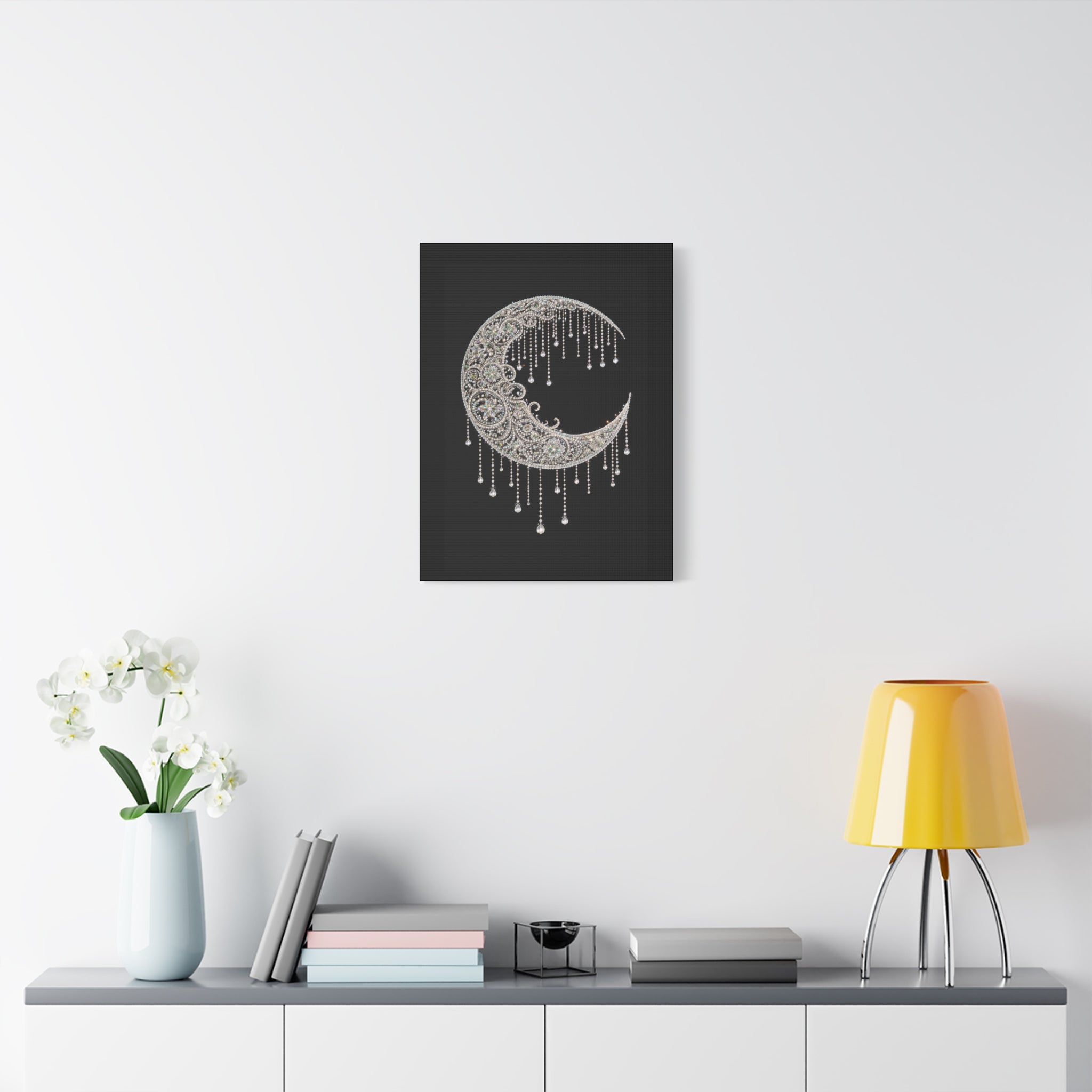Crescent Moon Jewel Canvas Art — Decorative Boho Moon Wall Decor