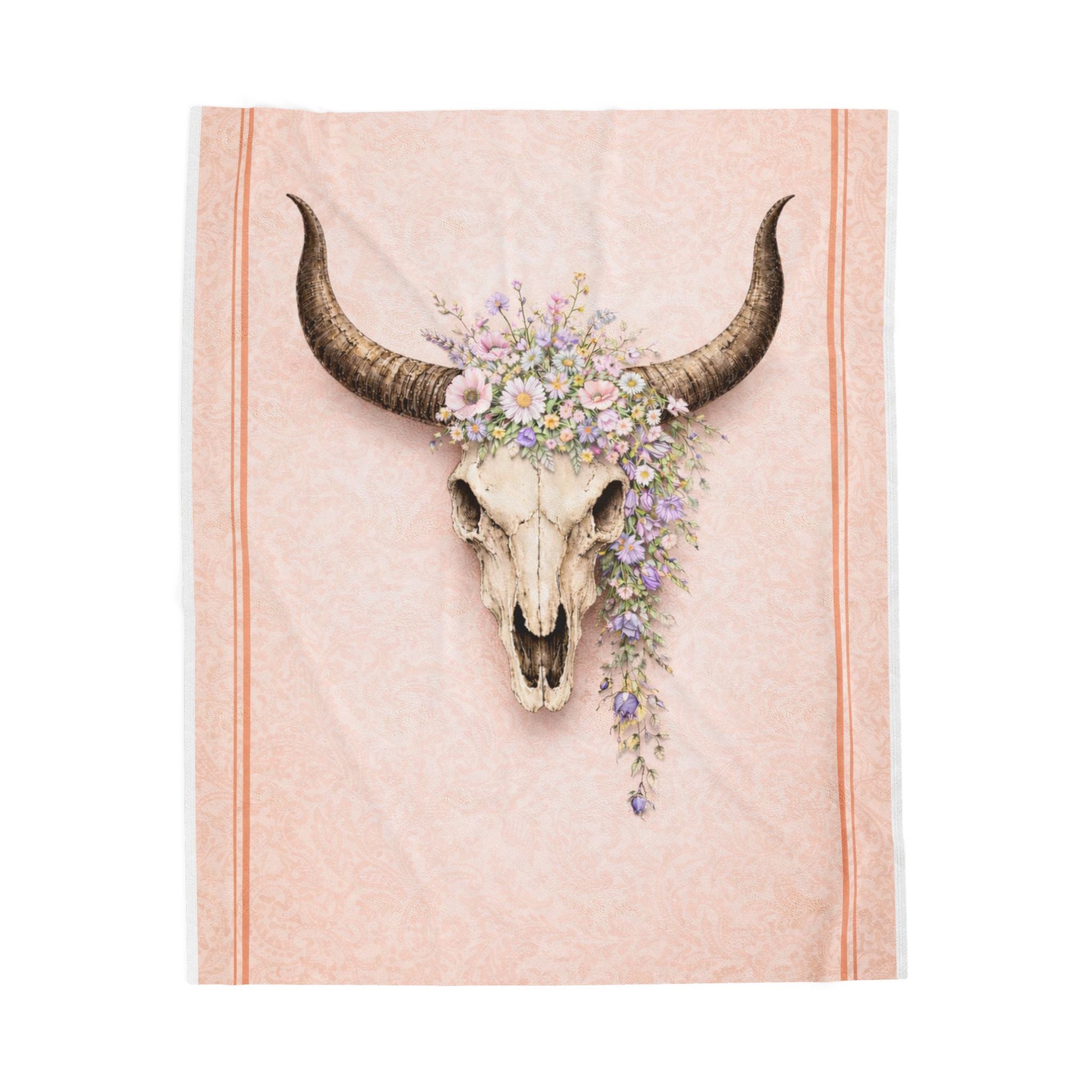 Boho Bull Skull Floral Velveteen Plush Blanket — Soft Southwestern Throw for Bedroom & Living Room
