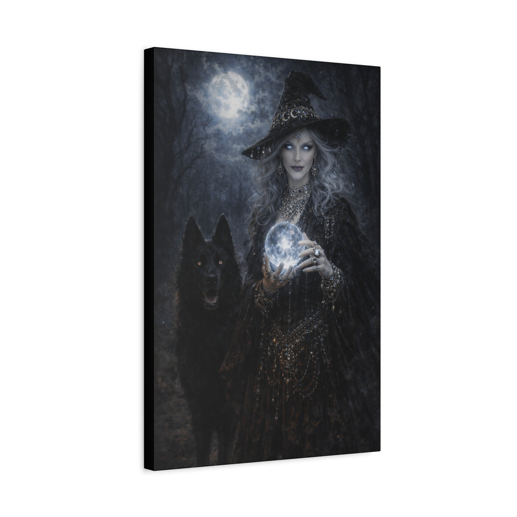 Witch With Wolf Matte Canvas Wall Art — Mystical Moonlight Sorceress, Stretched 1.25"