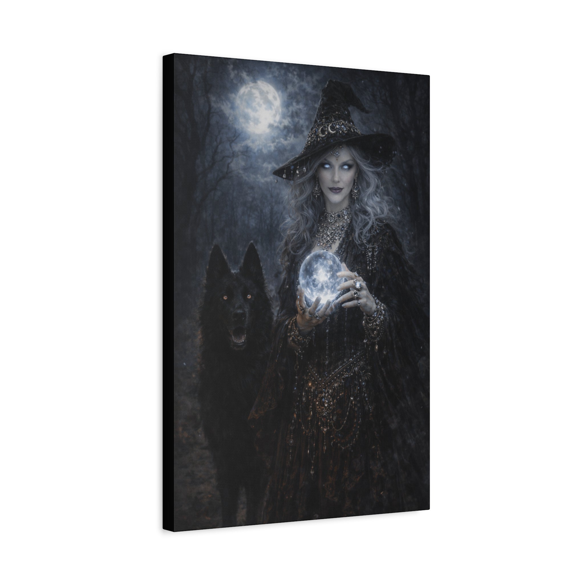 Witch With Wolf Matte Canvas Wall Art — Mystical Moonlight Sorceress, Stretched 1.25"