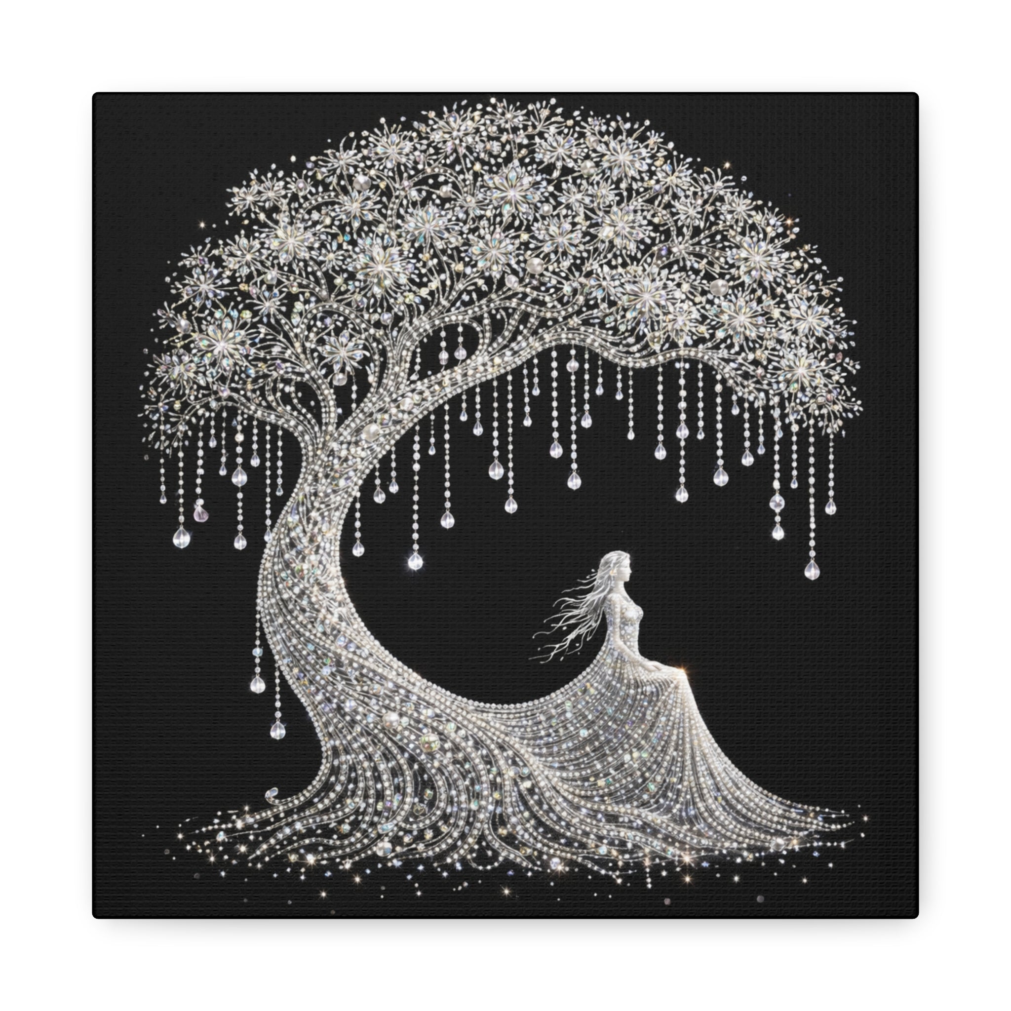Silver Crystal Tree Canvas — Elegant Woman Under Bejeweled Tree Matte Wall Art