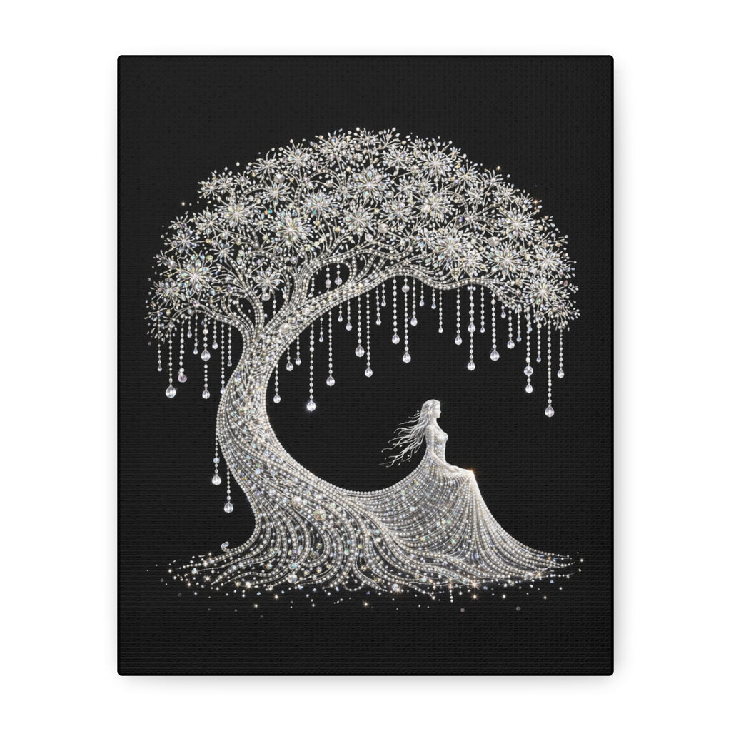 Silver Crystal Tree Canvas — Elegant Woman Under Bejeweled Tree Matte Wall Art