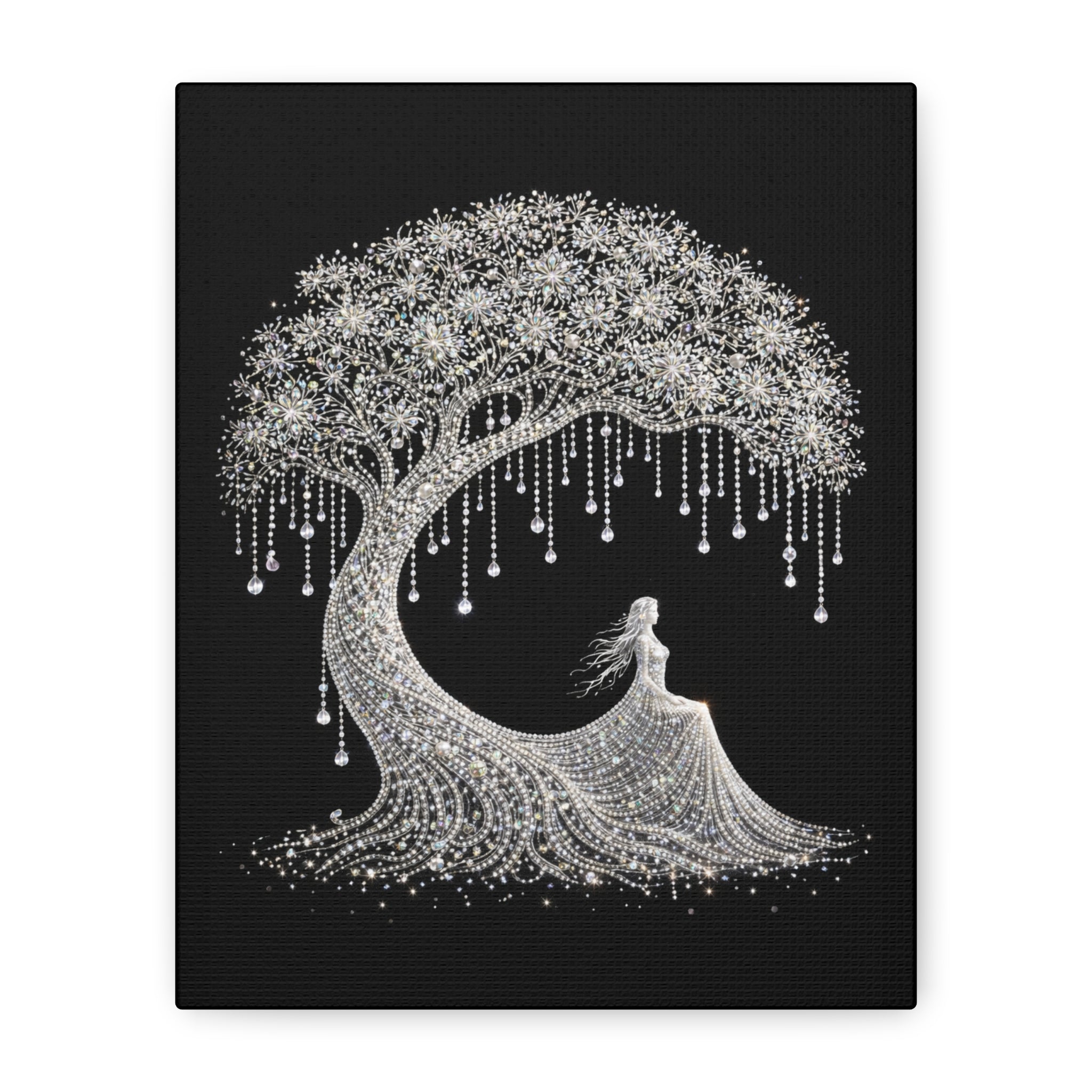 Silver Crystal Tree Canvas — Elegant Woman Under Bejeweled Tree Matte Wall Art