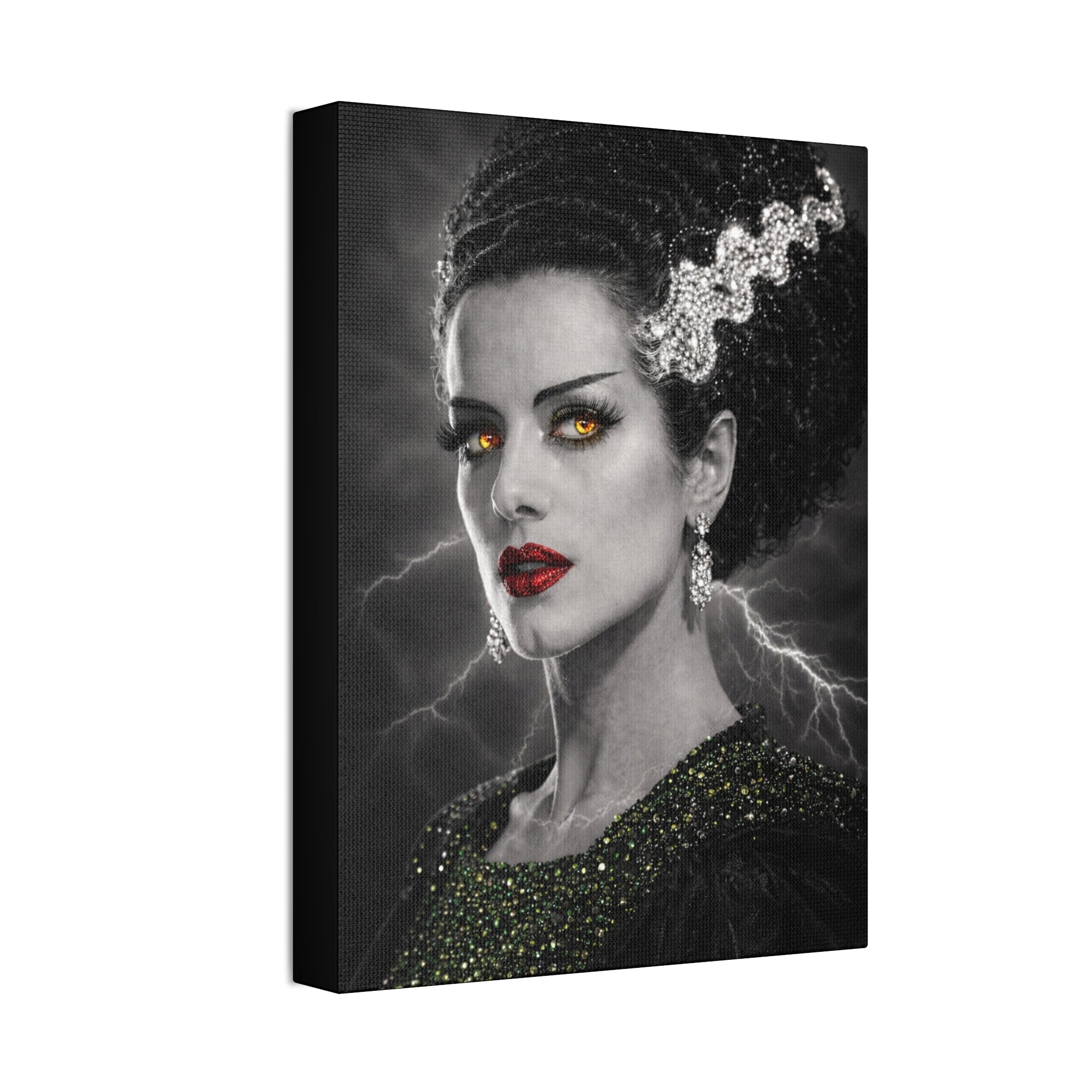 Gothic Lightning Bride Canvas Art — Dramatic Portrait with Gold Eyes