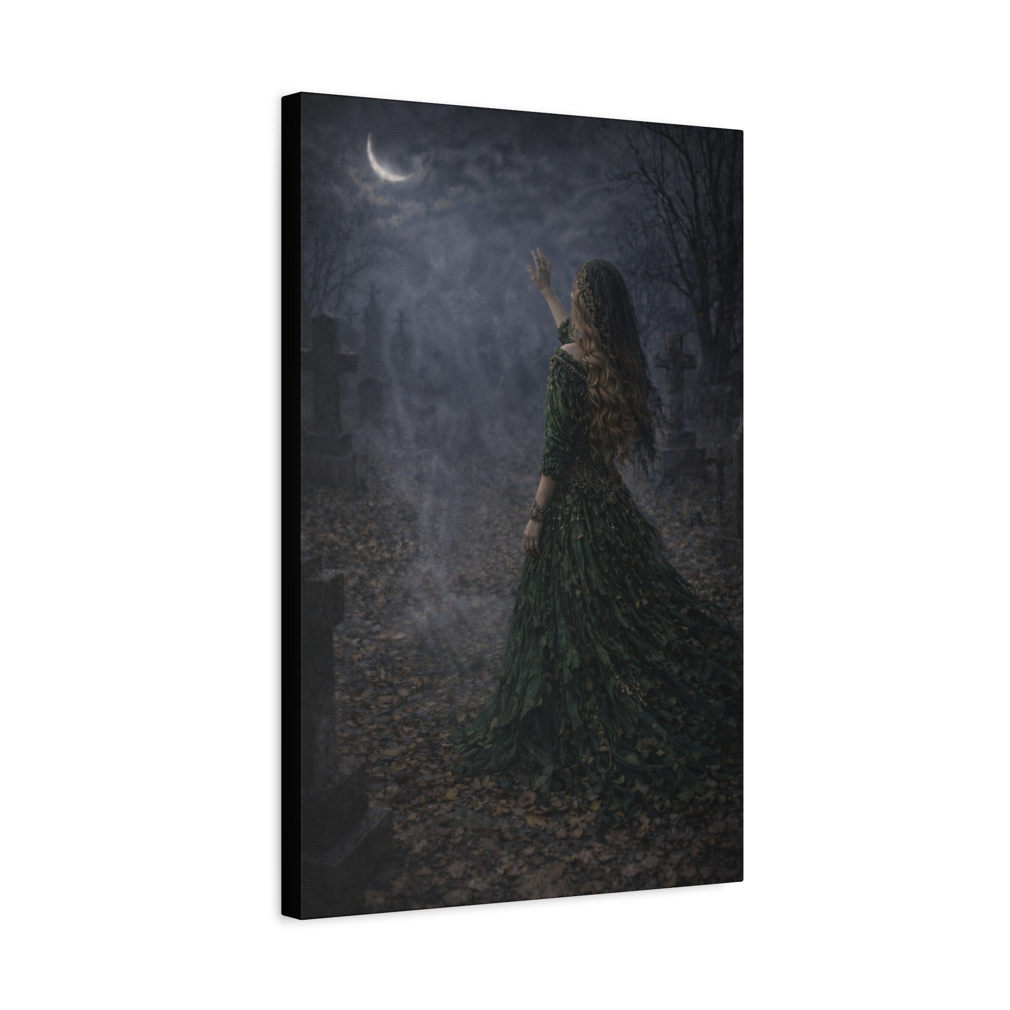 Gothic Moonlight Canvas Print – Witch in Graveyard Wall Art