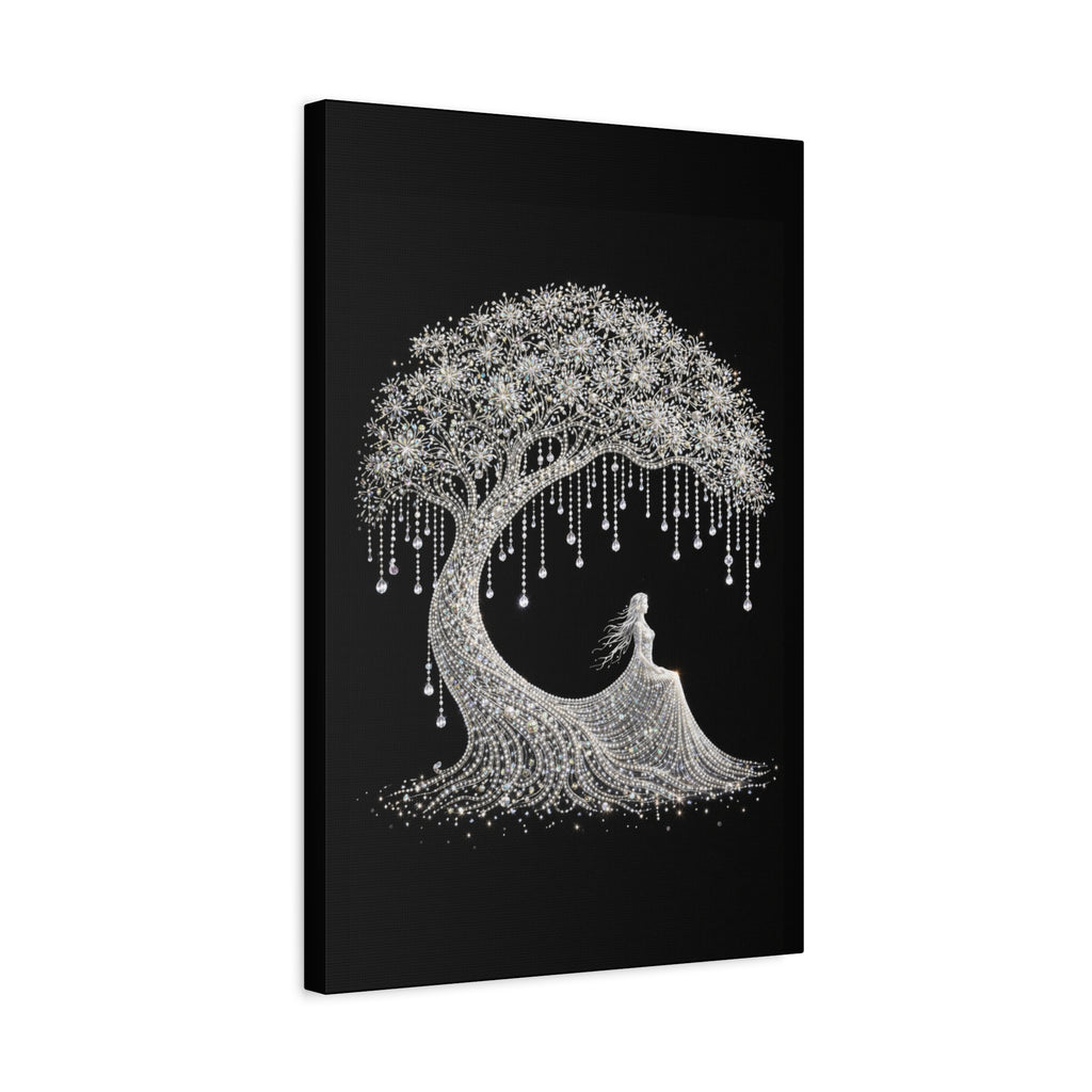 Silver Crystal Tree Canvas — Elegant Woman Under Bejeweled Tree Matte Wall Art