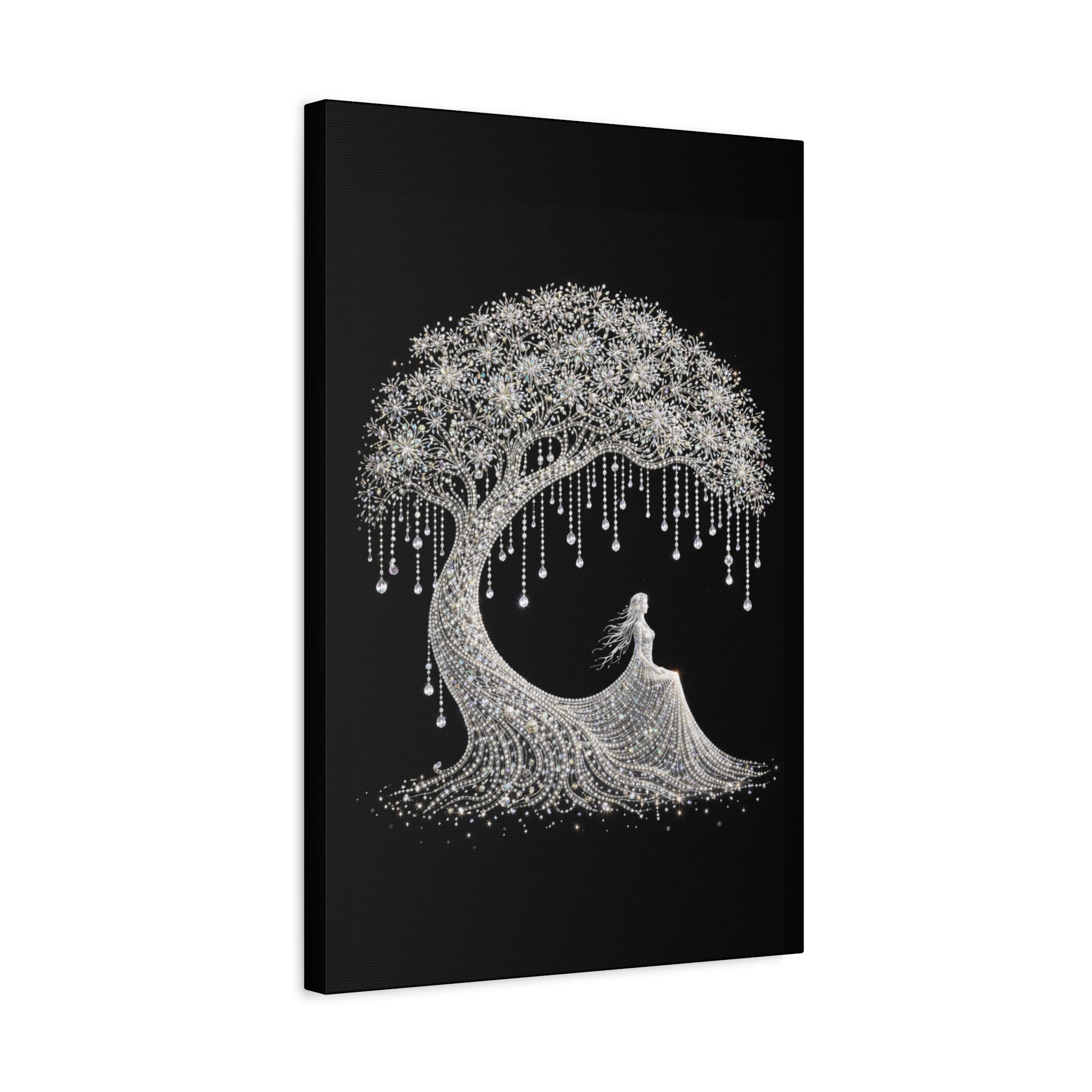 Silver Crystal Tree Canvas — Elegant Woman Under Bejeweled Tree Matte Wall Art