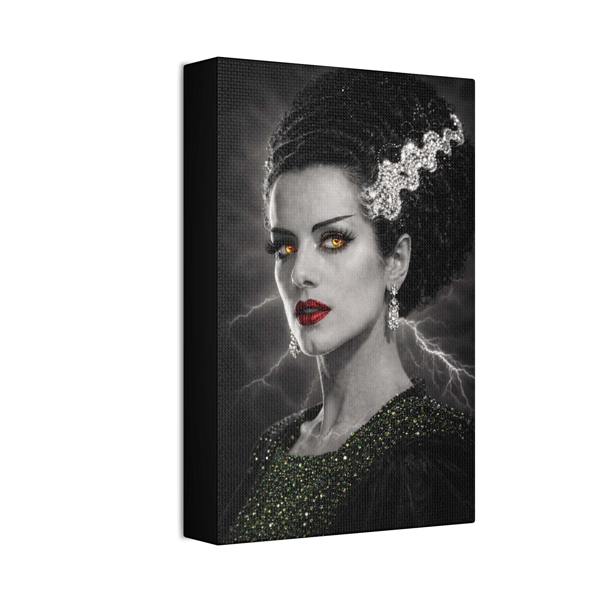 Gothic Lightning Bride Canvas Art — Dramatic Portrait with Gold Eyes