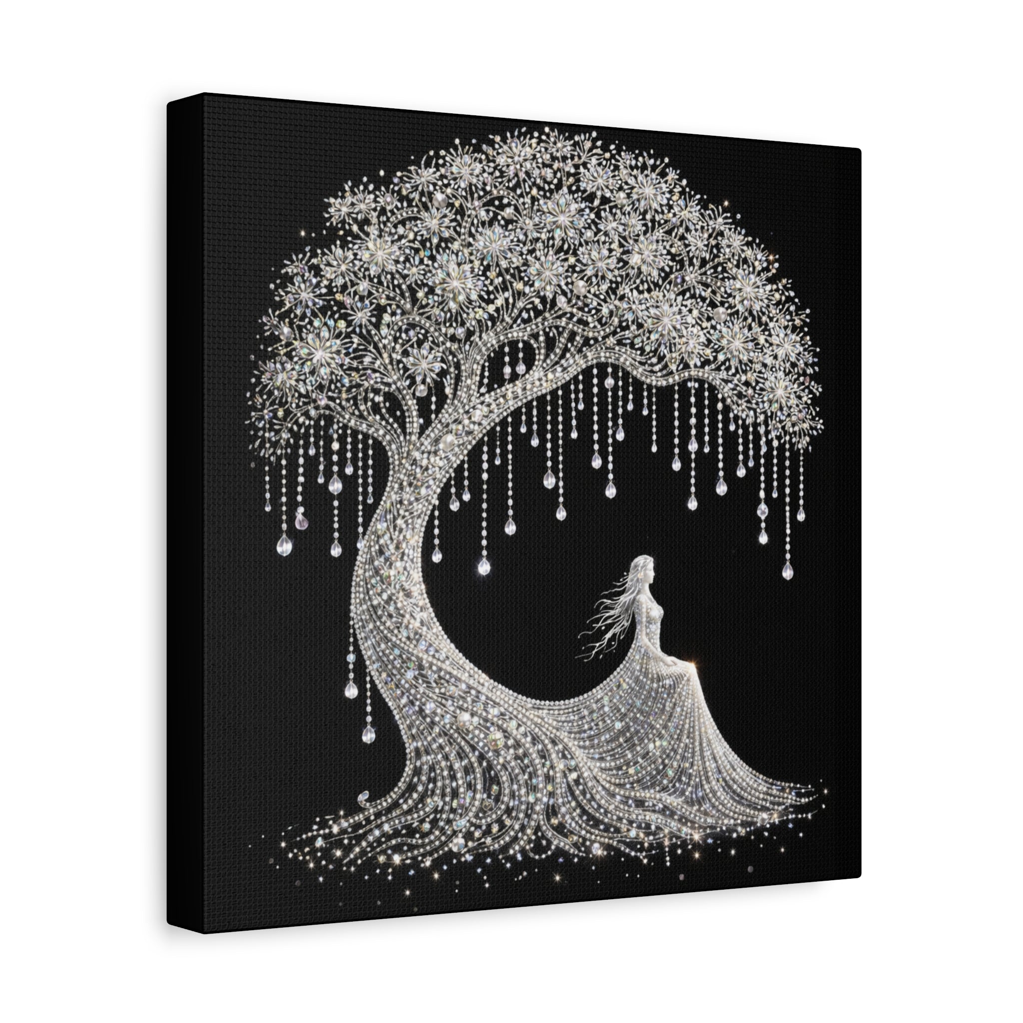 Silver Crystal Tree Canvas — Elegant Woman Under Bejeweled Tree Matte Wall Art