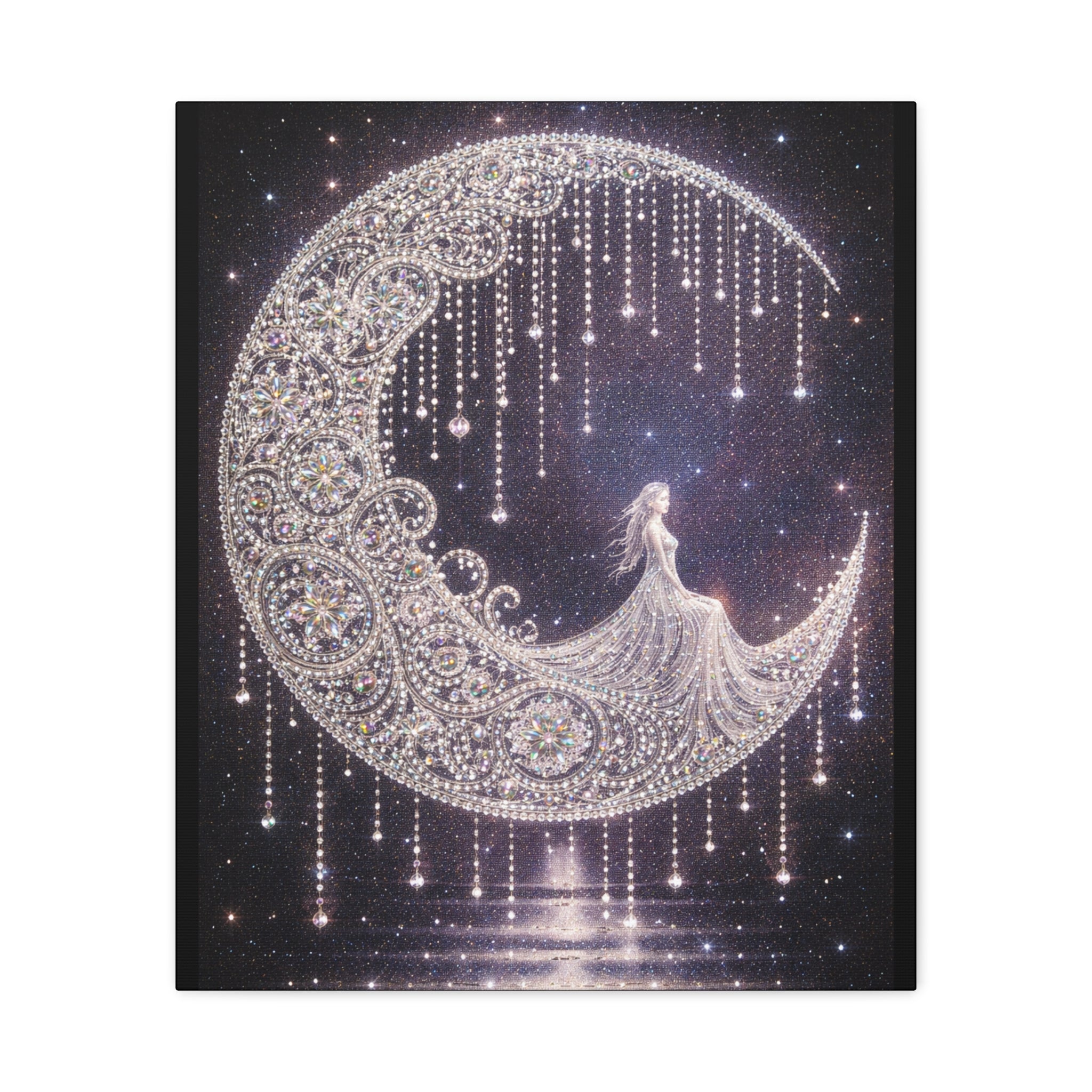 Moonlit Goddess Canvas Wall Art — Boho Crescent Moon Starlight Print