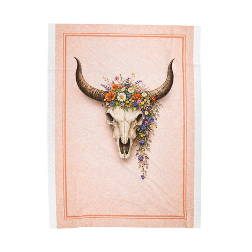 Boho Cow Skull Velveteen Plush Blanket — Floral Western Throw