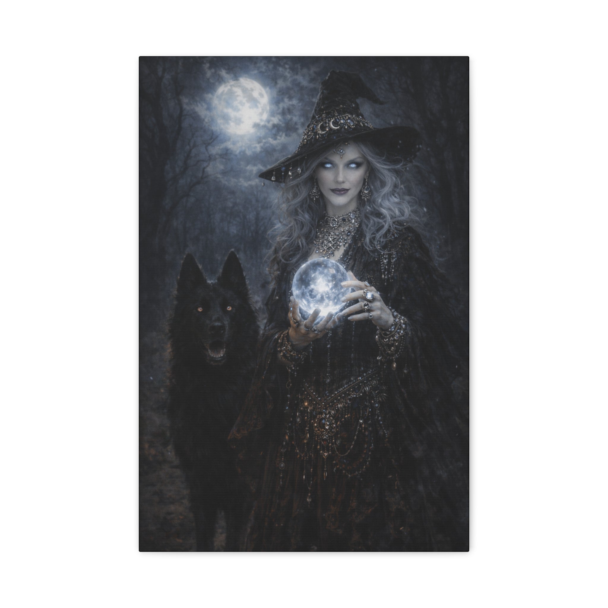 Witch With Wolf Matte Canvas Wall Art — Mystical Moonlight Sorceress, Stretched 1.25"