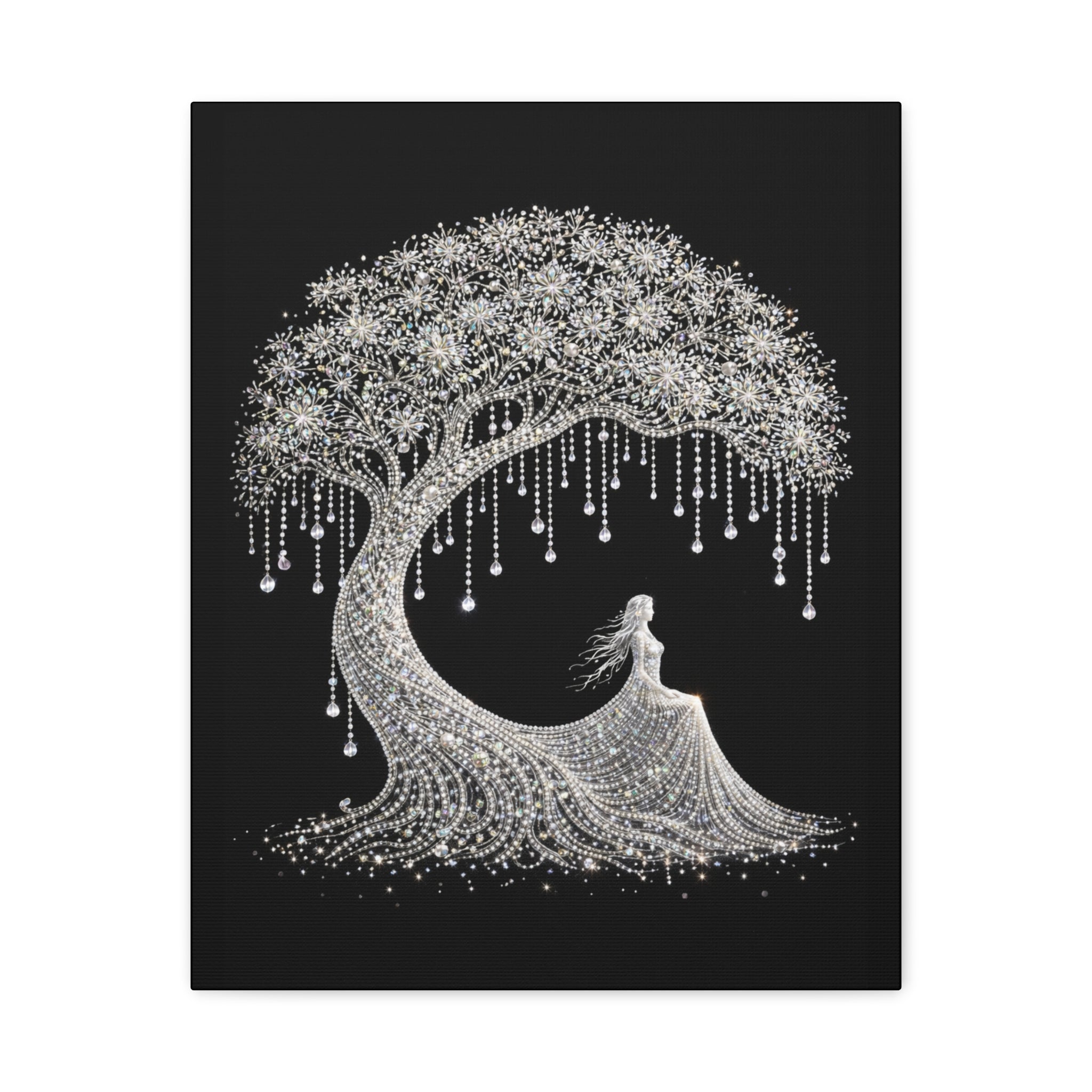 Silver Crystal Tree Canvas — Elegant Woman Under Bejeweled Tree Matte Wall Art