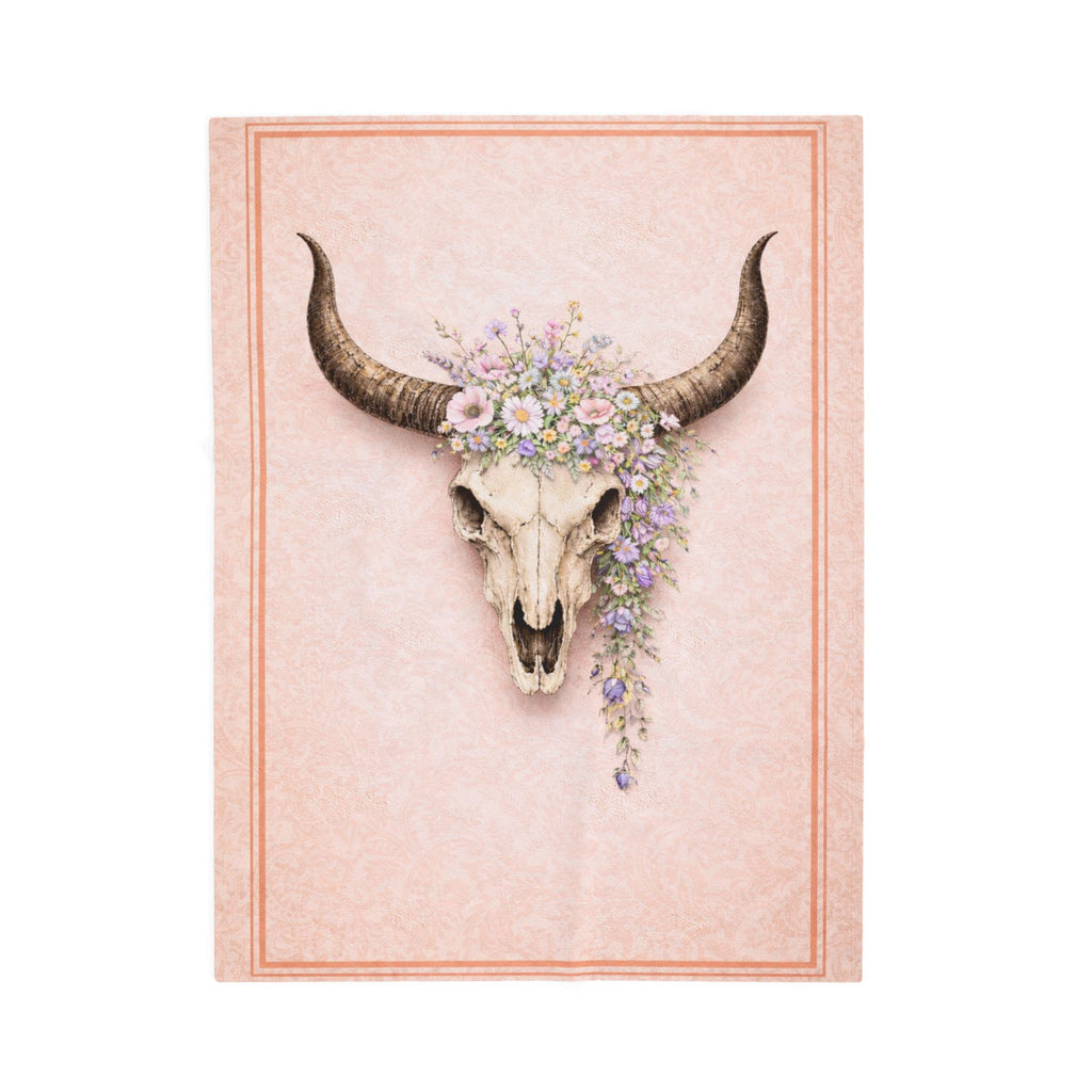 Boho Bull Skull Floral Velveteen Plush Blanket — Soft Southwestern Throw for Bedroom & Living Room