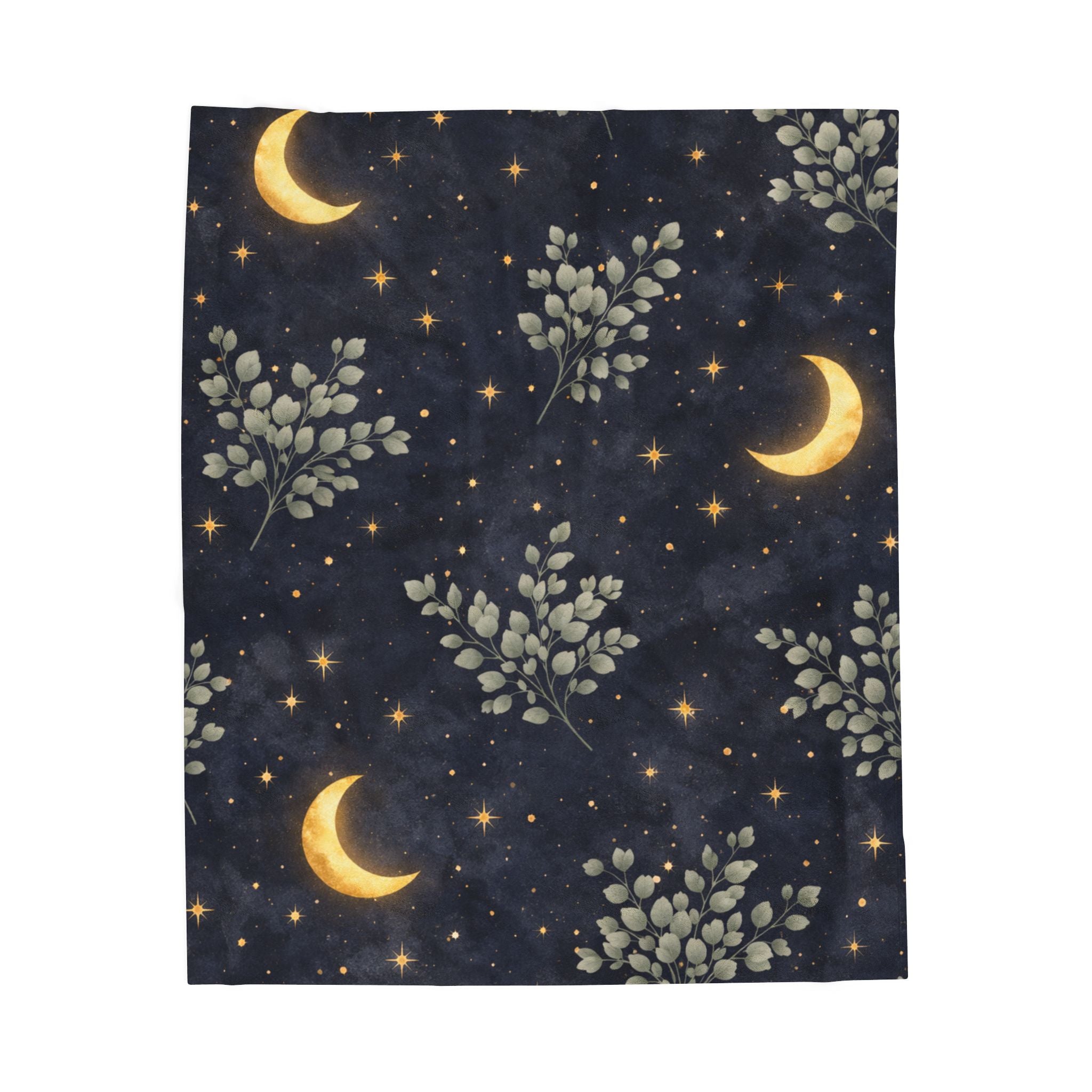 Moonlit Garden Velveteen Plush Blanket — Night Sky Crescent Moon & Foliage Throw