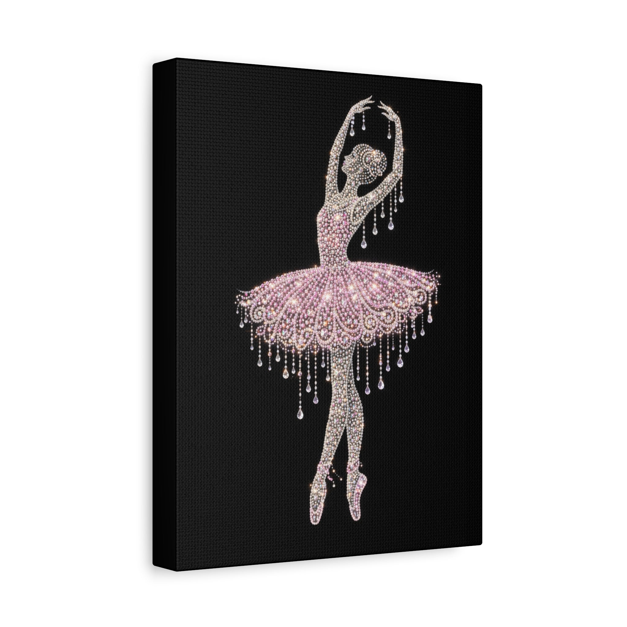 Ballet Dancer Sparkle Matte Canvas Wall Art — Pink Rhinestone Ballerina on Black