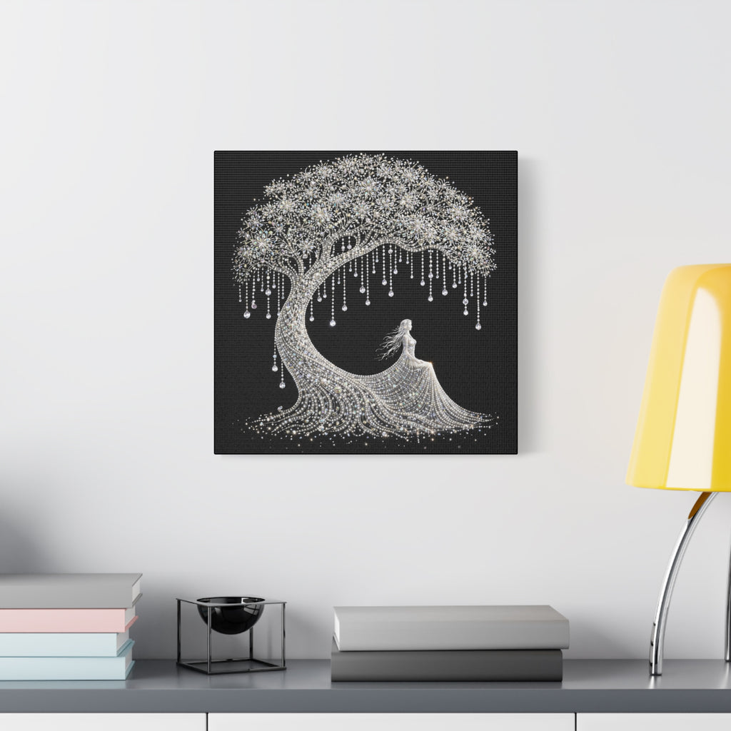 Silver Crystal Tree Canvas — Elegant Woman Under Bejeweled Tree Matte Wall Art