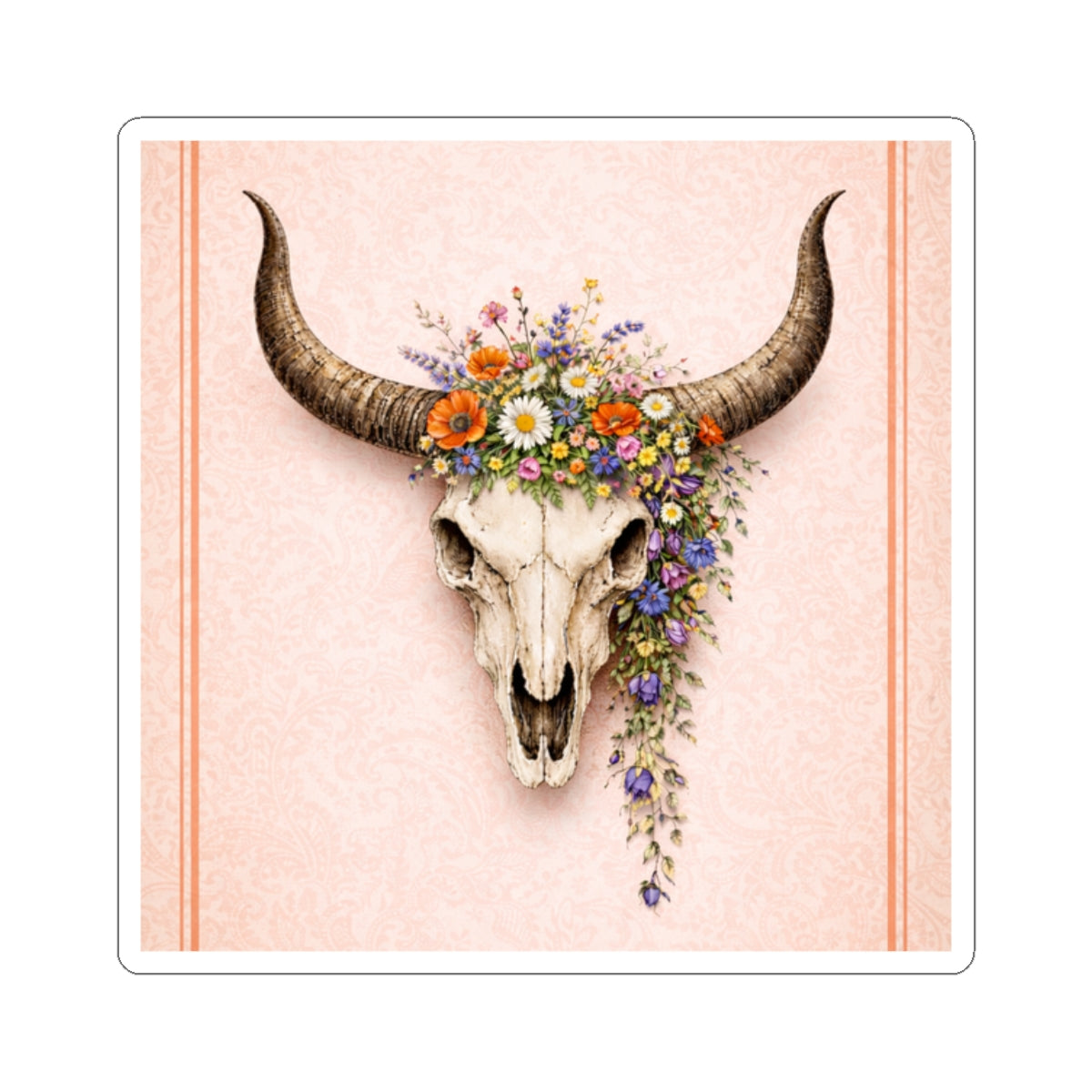 Floral Bull Skull Kiss-Cut Sticker — Boho Western Laptop Decal