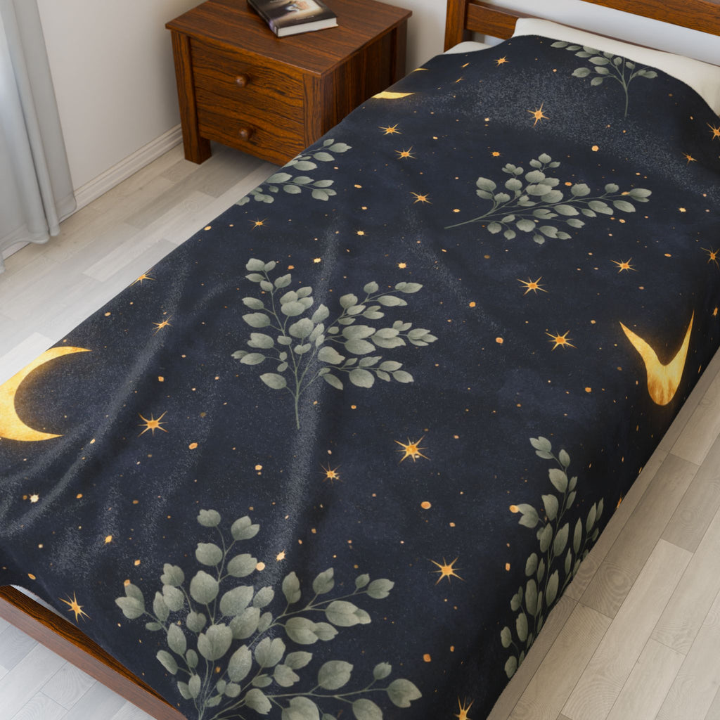 Moonlit Garden Velveteen Plush Blanket — Night Sky Crescent Moon & Foliage Throw