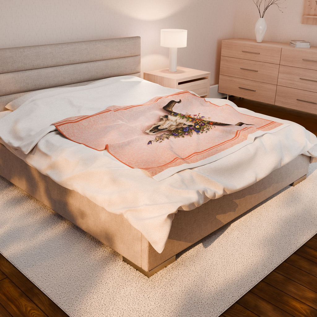 Boho Cow Skull Velveteen Plush Blanket — Floral Western Throw