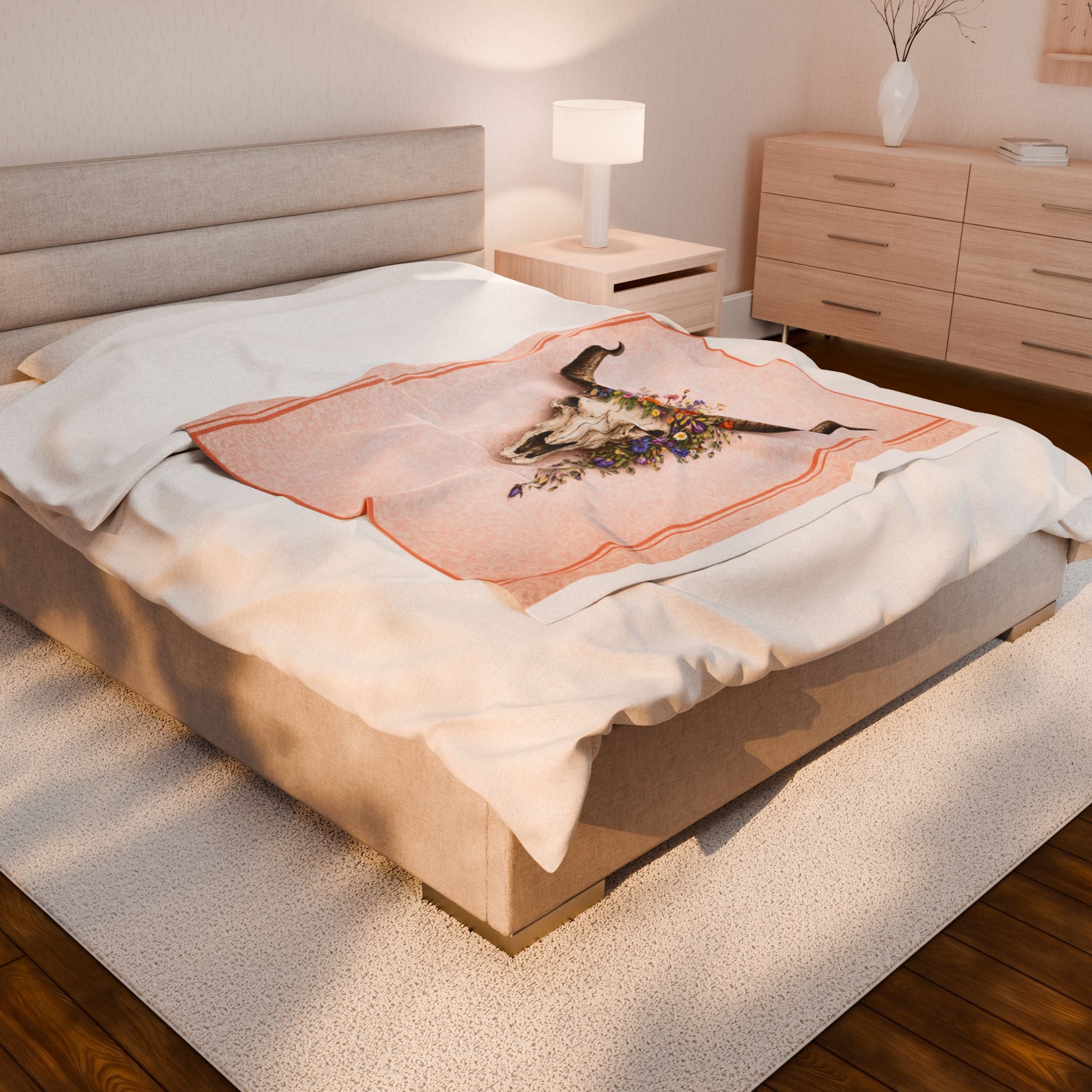 Boho Cow Skull Velveteen Plush Blanket — Floral Western Throw