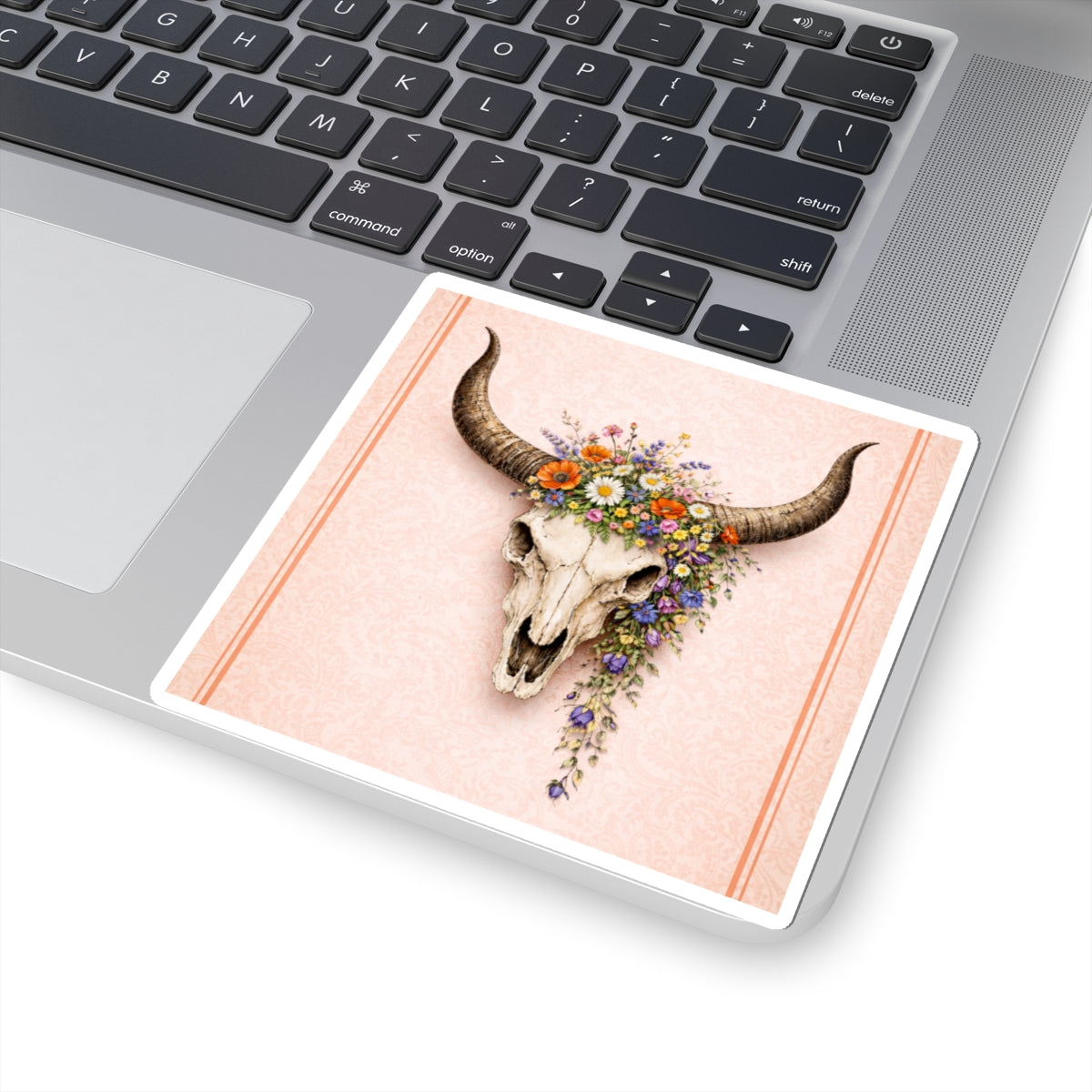Floral Bull Skull Kiss-Cut Sticker — Boho Western Laptop Decal