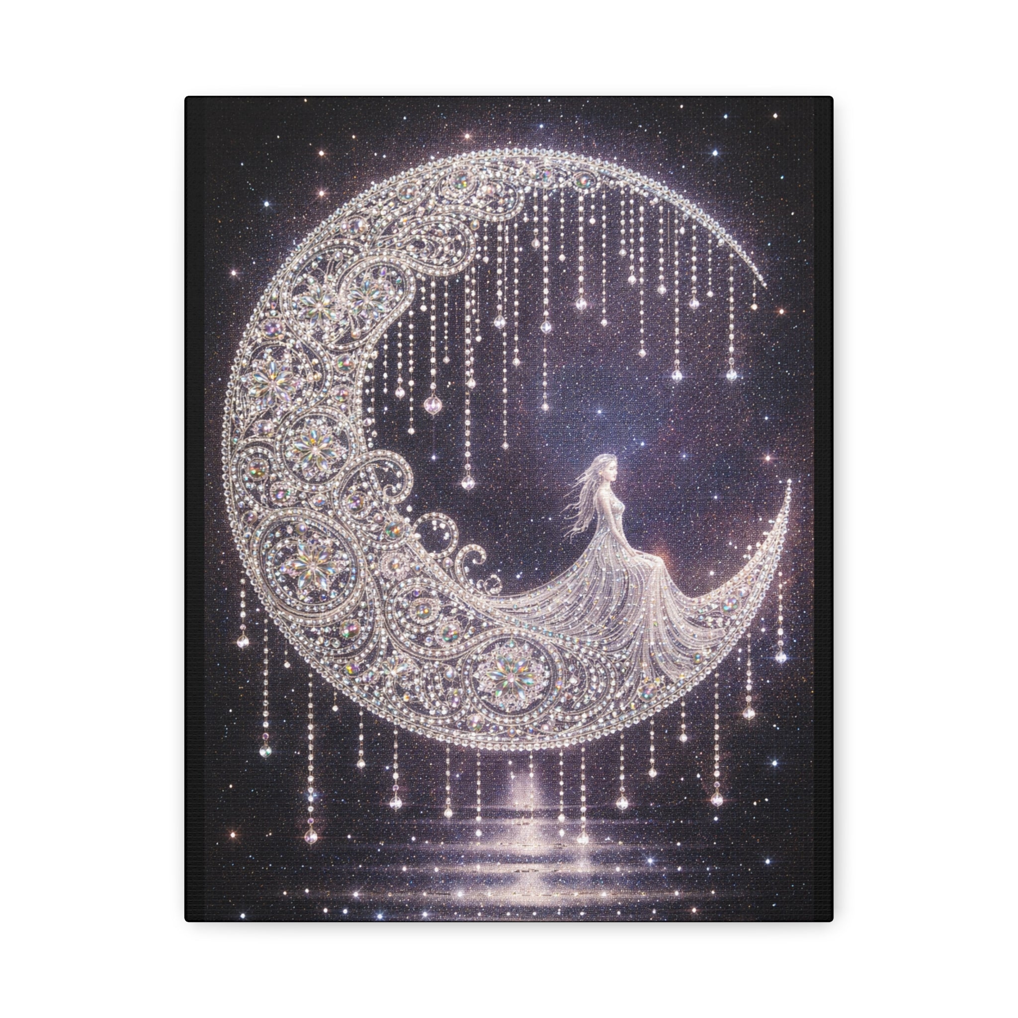 Moonlit Goddess Canvas Wall Art — Boho Crescent Moon Starlight Print