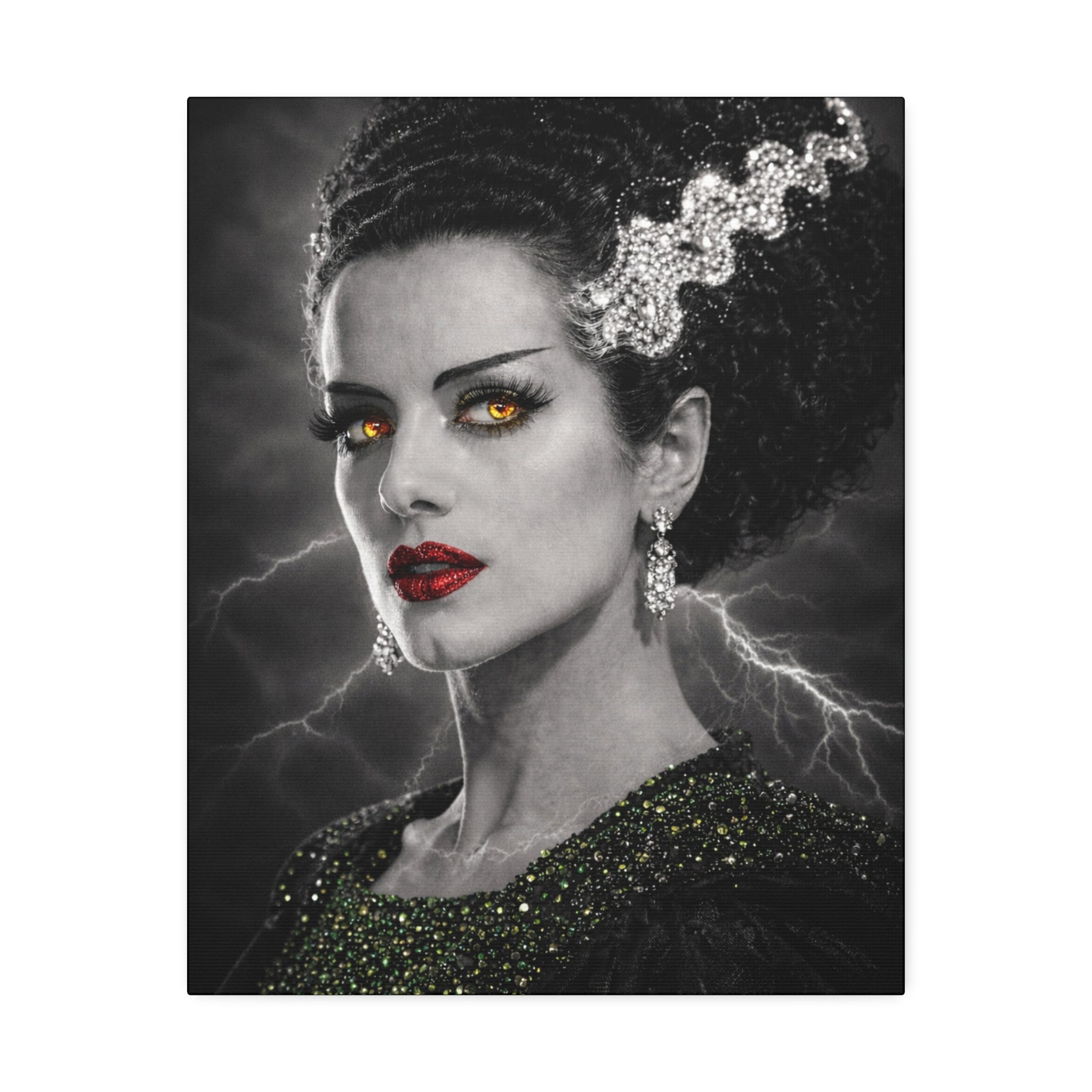 Gothic Lightning Bride Canvas Art — Dramatic Portrait with Gold Eyes