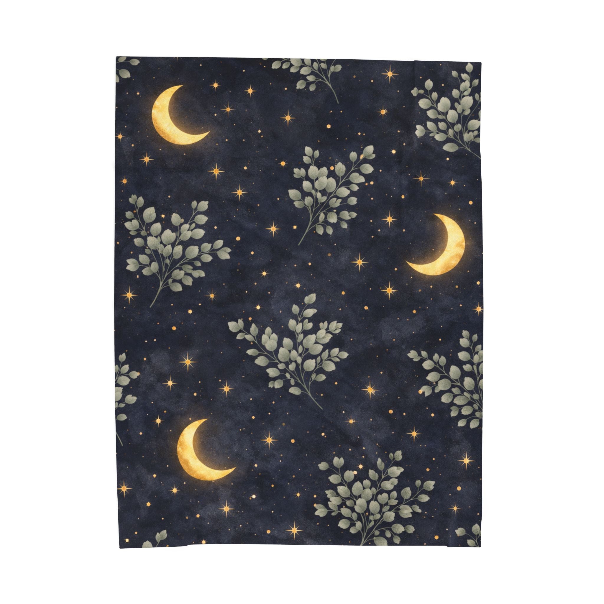 Moonlit Garden Velveteen Plush Blanket — Night Sky Crescent Moon & Foliage Throw