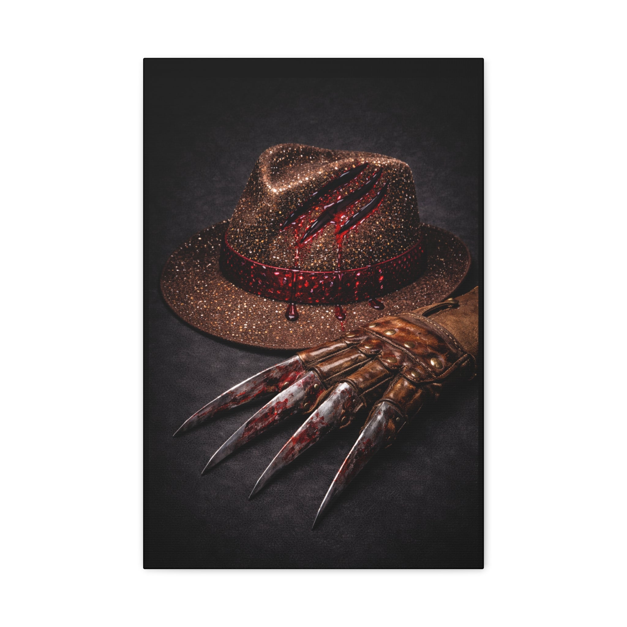 Horror Wall Art Canvas — Glove & Bloody Fedora Matte Stretched Print