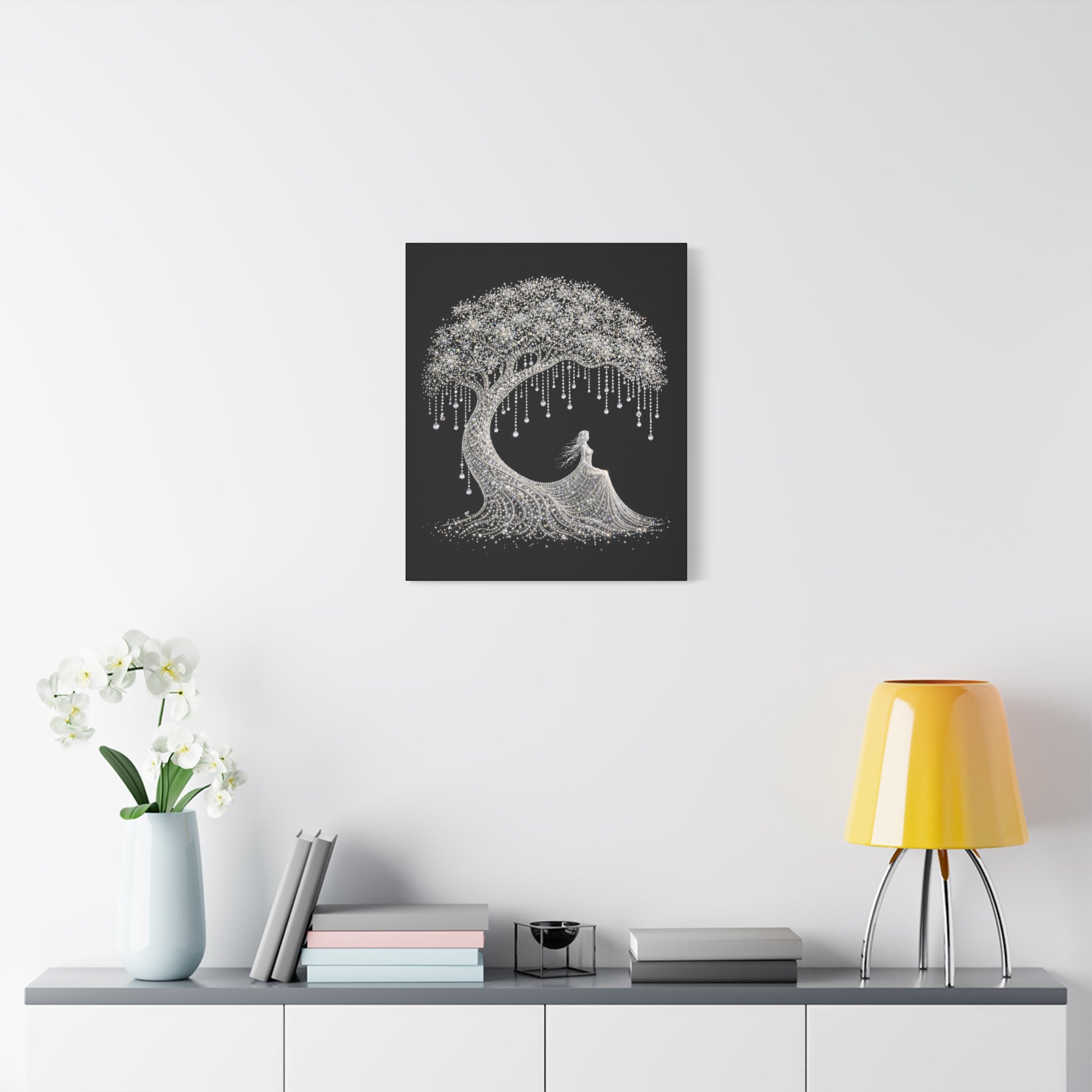 Silver Crystal Tree Canvas — Elegant Woman Under Bejeweled Tree Matte Wall Art