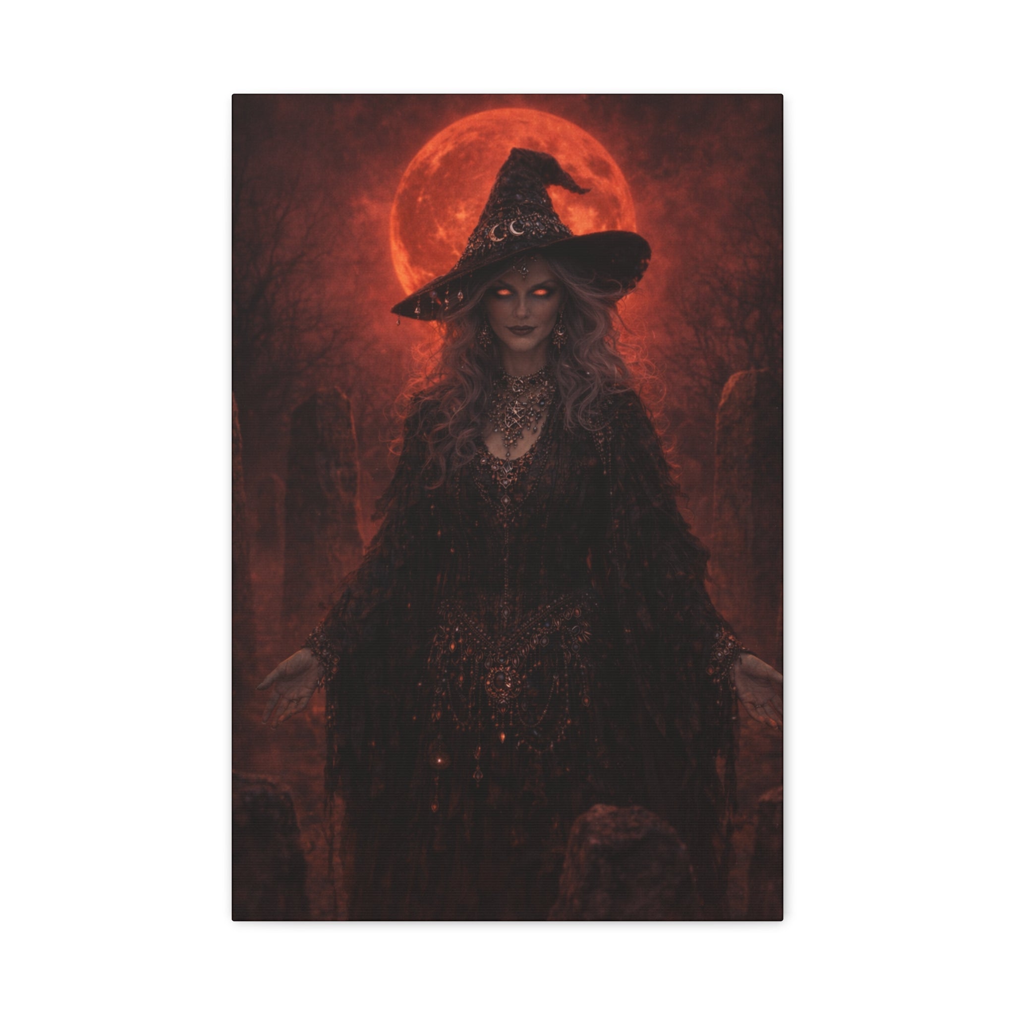 Eerie Witch Canvas Wall Art — Gothic Red Moon Stretched Matte Print