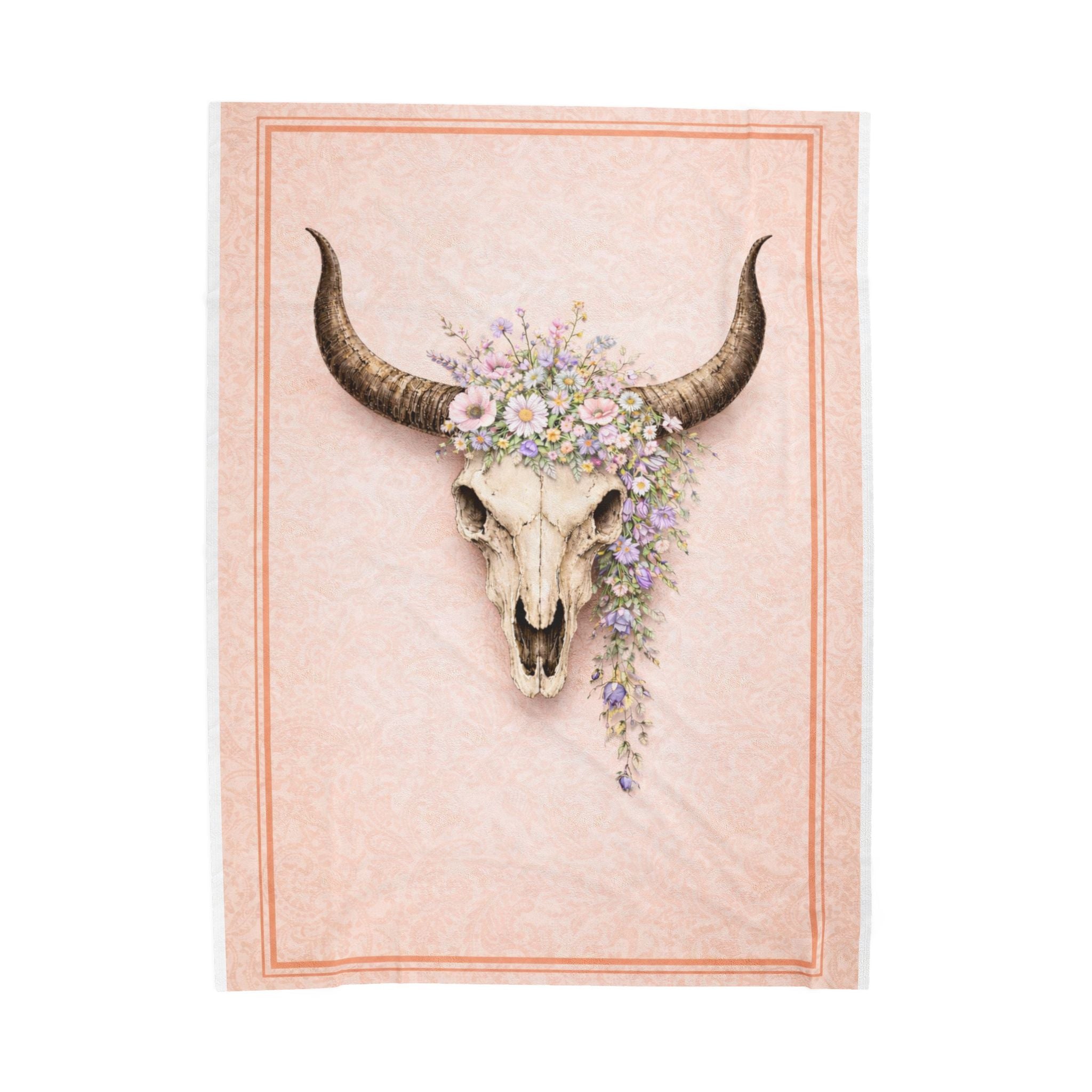 Boho Bull Skull Floral Velveteen Plush Blanket — Soft Southwestern Throw for Bedroom & Living Room