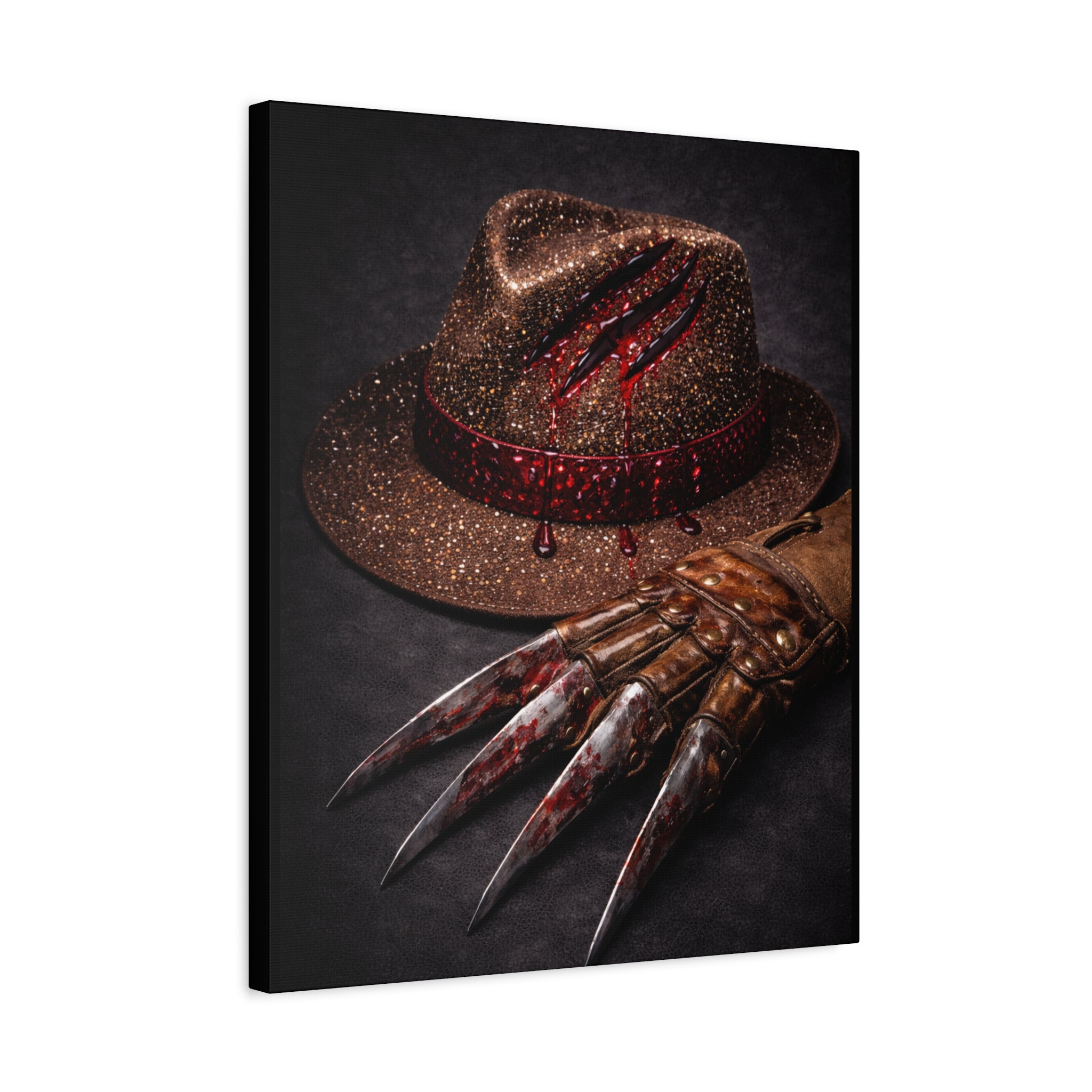 Horror Wall Art Canvas — Glove & Bloody Fedora Matte Stretched Print