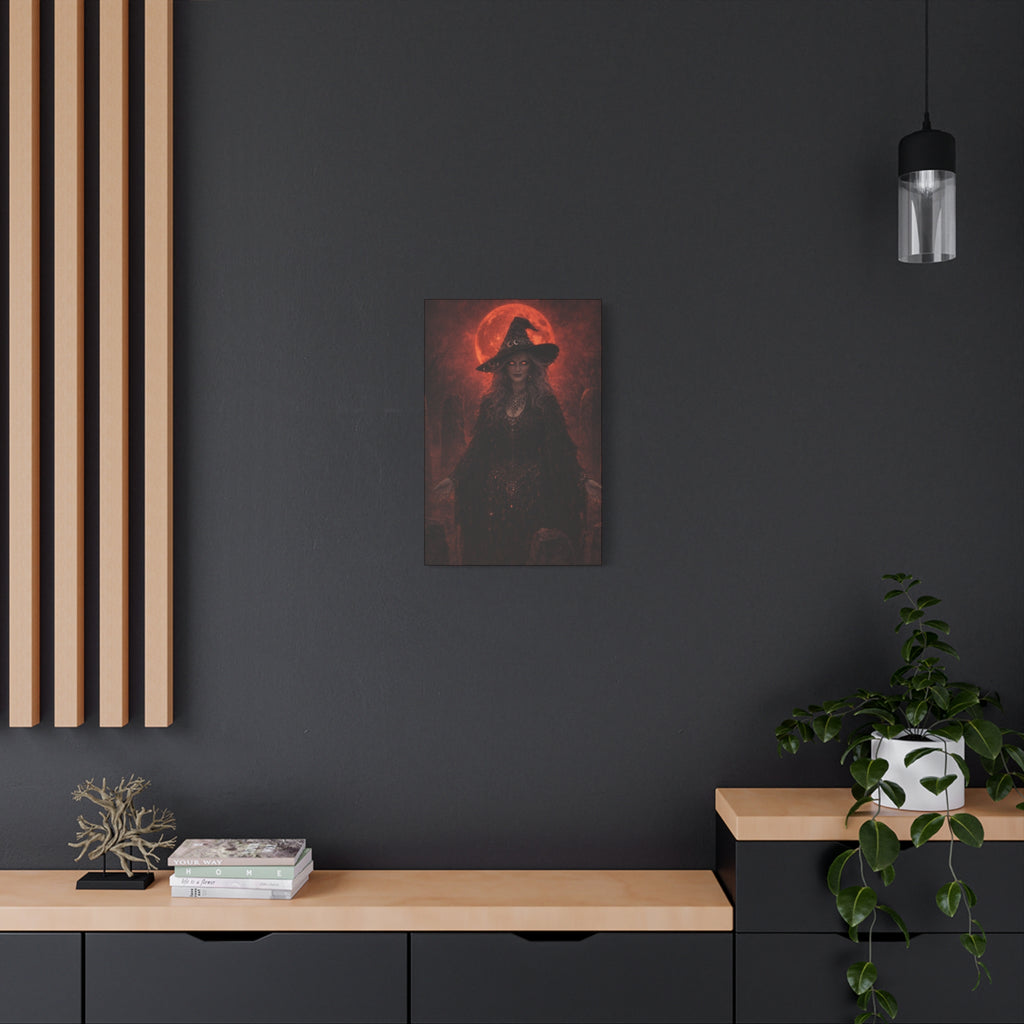 Eerie Witch Canvas Wall Art — Gothic Red Moon Stretched Matte Print