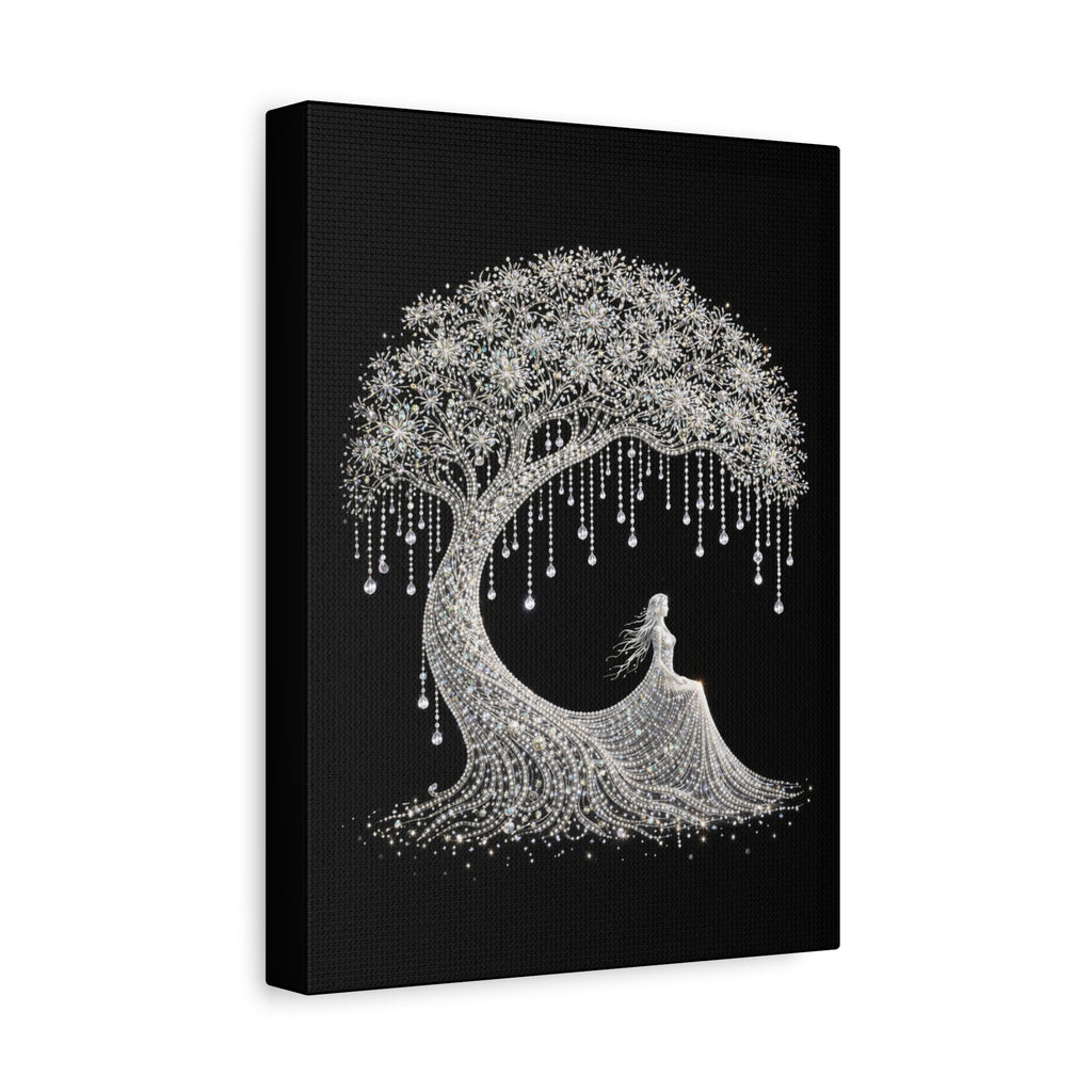 Silver Crystal Tree Canvas — Elegant Woman Under Bejeweled Tree Matte Wall Art