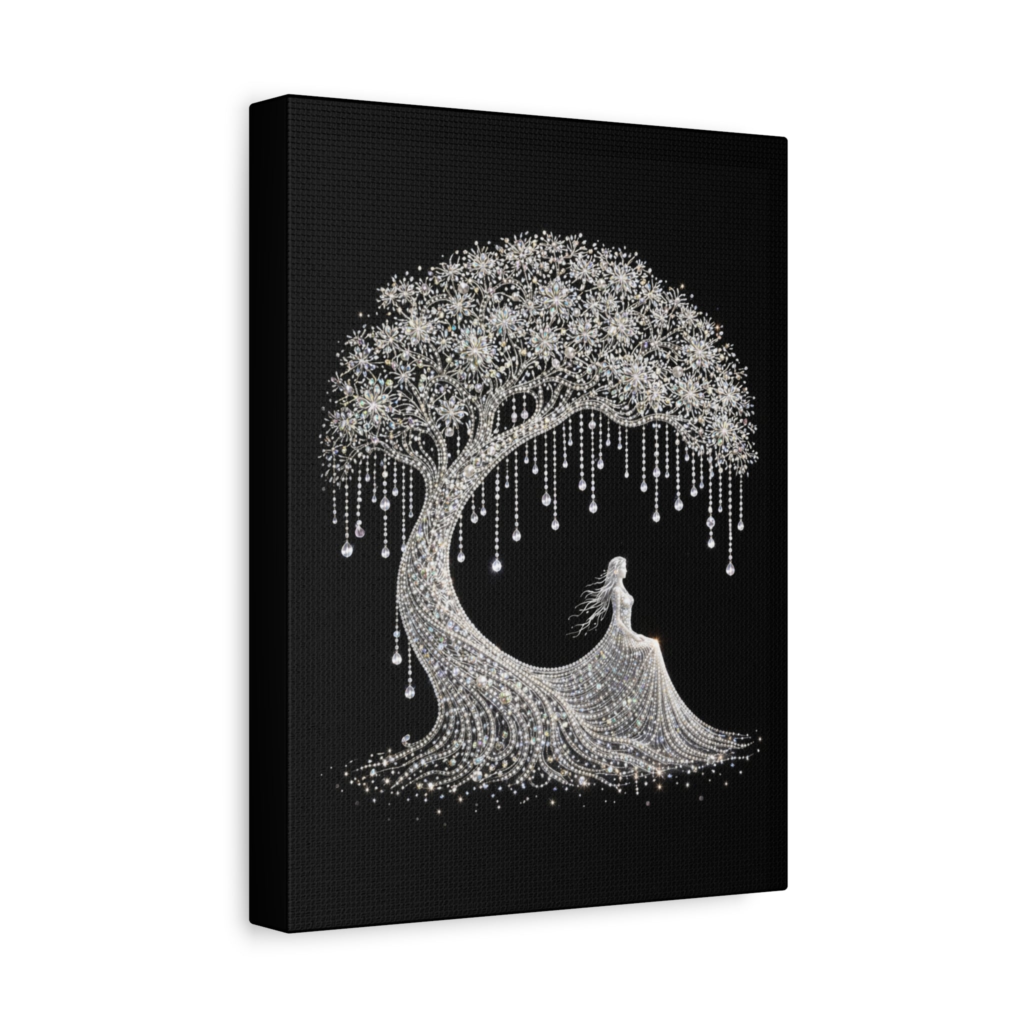 Silver Crystal Tree Canvas — Elegant Woman Under Bejeweled Tree Matte Wall Art