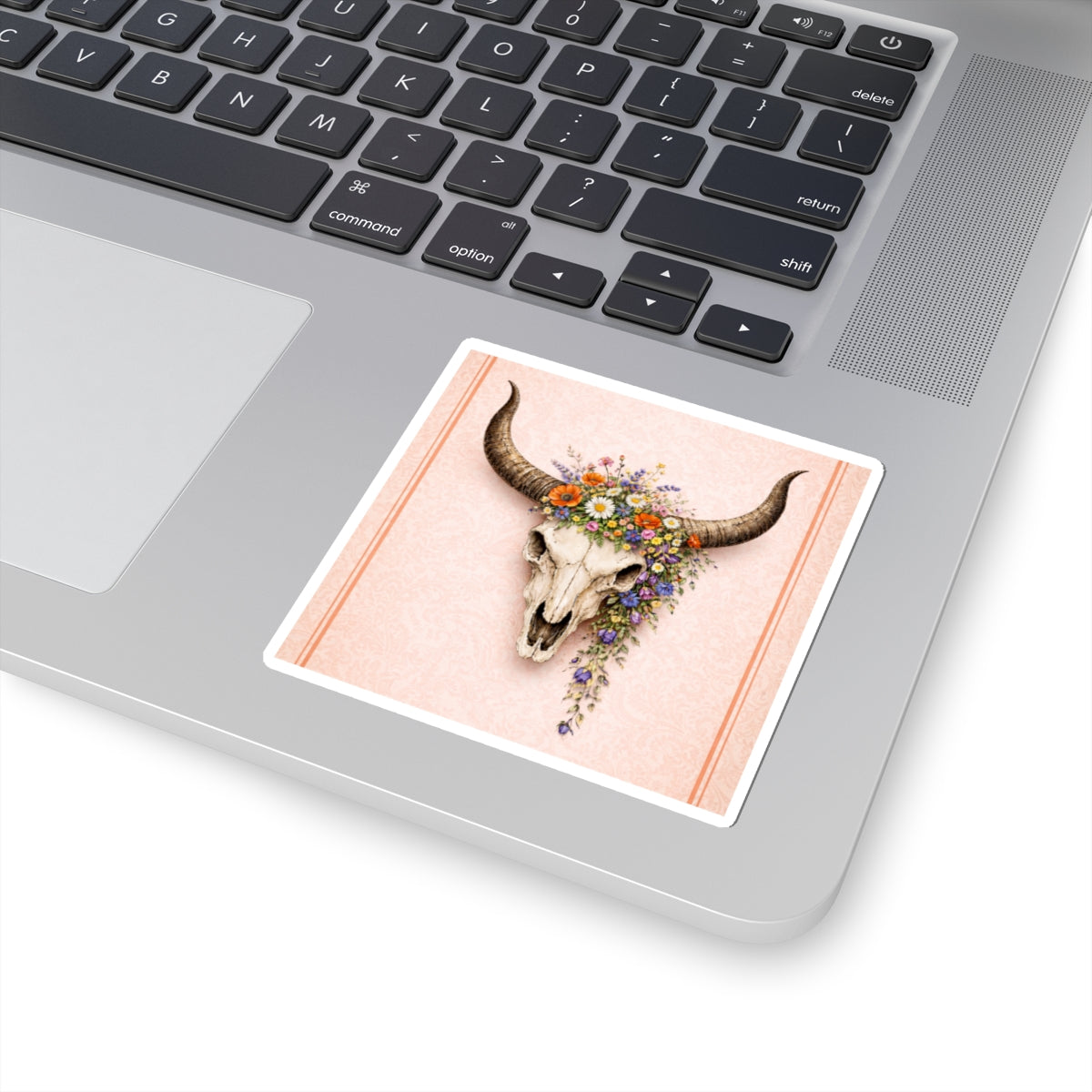 Floral Bull Skull Kiss-Cut Sticker — Boho Western Laptop Decal
