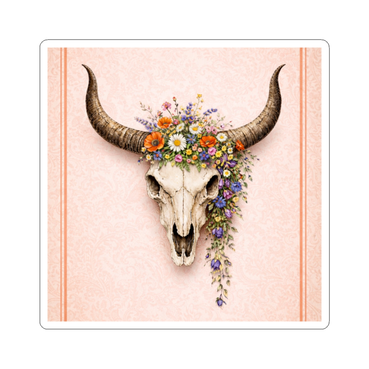 Floral Bull Skull Kiss-Cut Sticker — Boho Western Laptop Decal