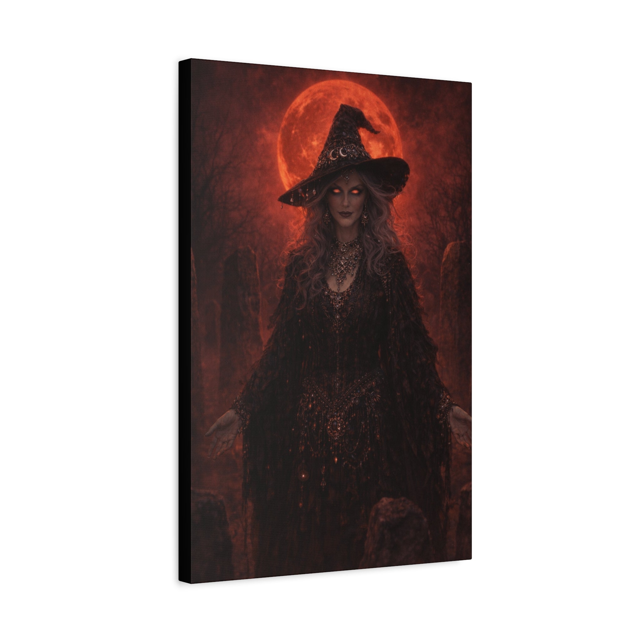 Eerie Witch Canvas Wall Art — Gothic Red Moon Stretched Matte Print