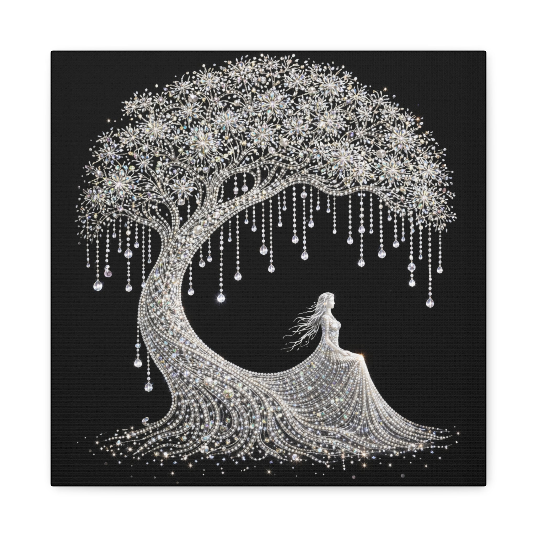 Silver Crystal Tree Canvas — Elegant Woman Under Bejeweled Tree Matte Wall Art