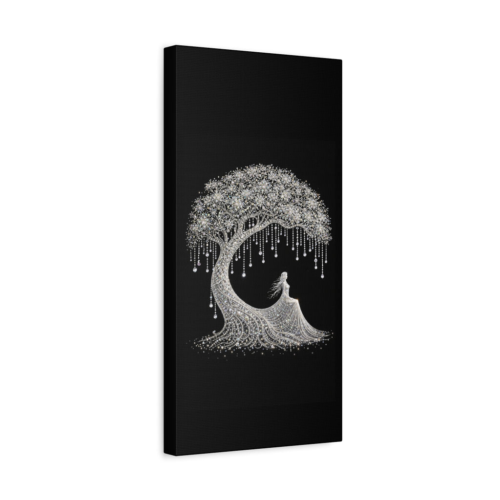 Silver Crystal Tree Canvas — Elegant Woman Under Bejeweled Tree Matte Wall Art