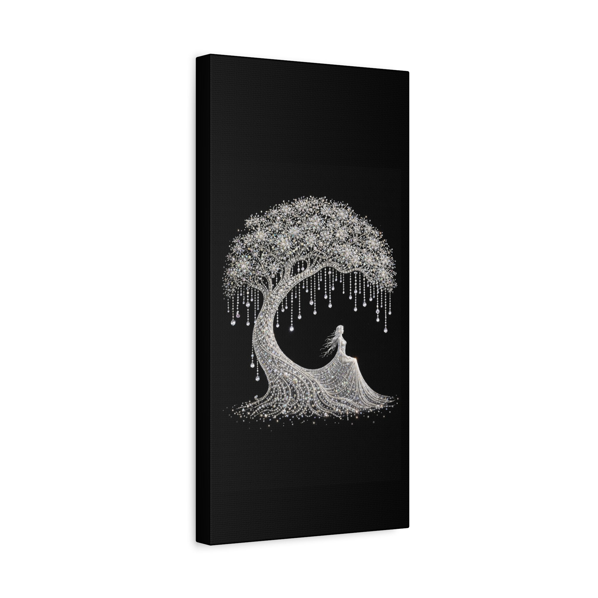 Silver Crystal Tree Canvas — Elegant Woman Under Bejeweled Tree Matte Wall Art