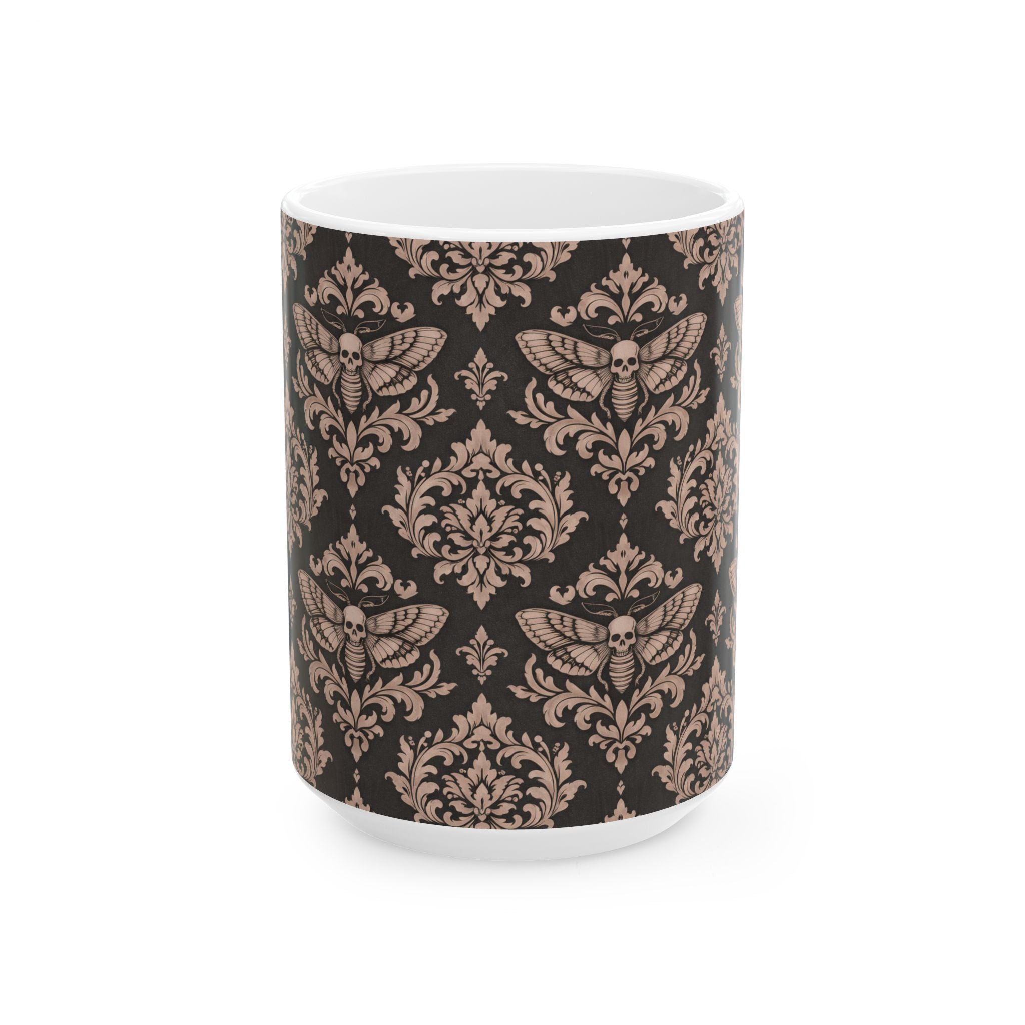 Gothic Moth Damask Ceramic Mug – Vintage Victorian Pattern Coffee Cup (11oz, 15oz)