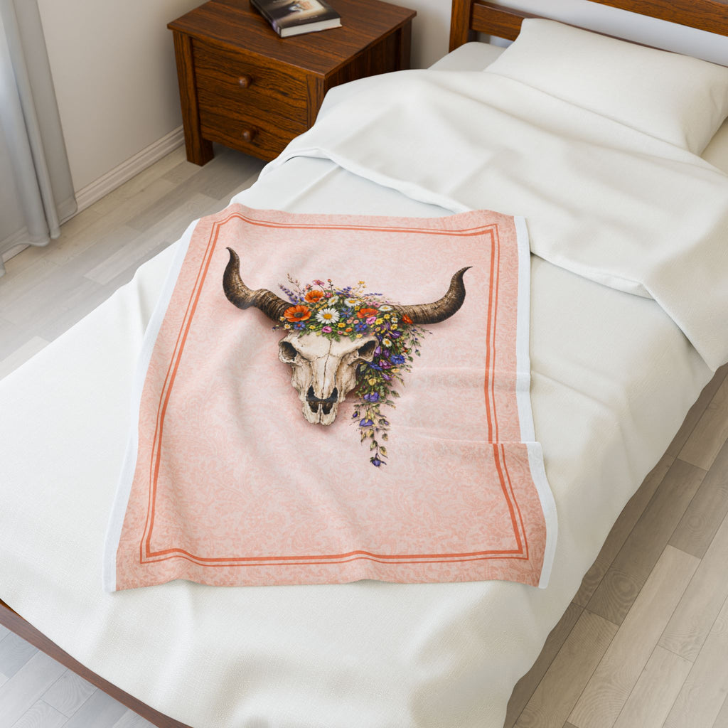 Boho Cow Skull Velveteen Plush Blanket — Floral Western Throw
