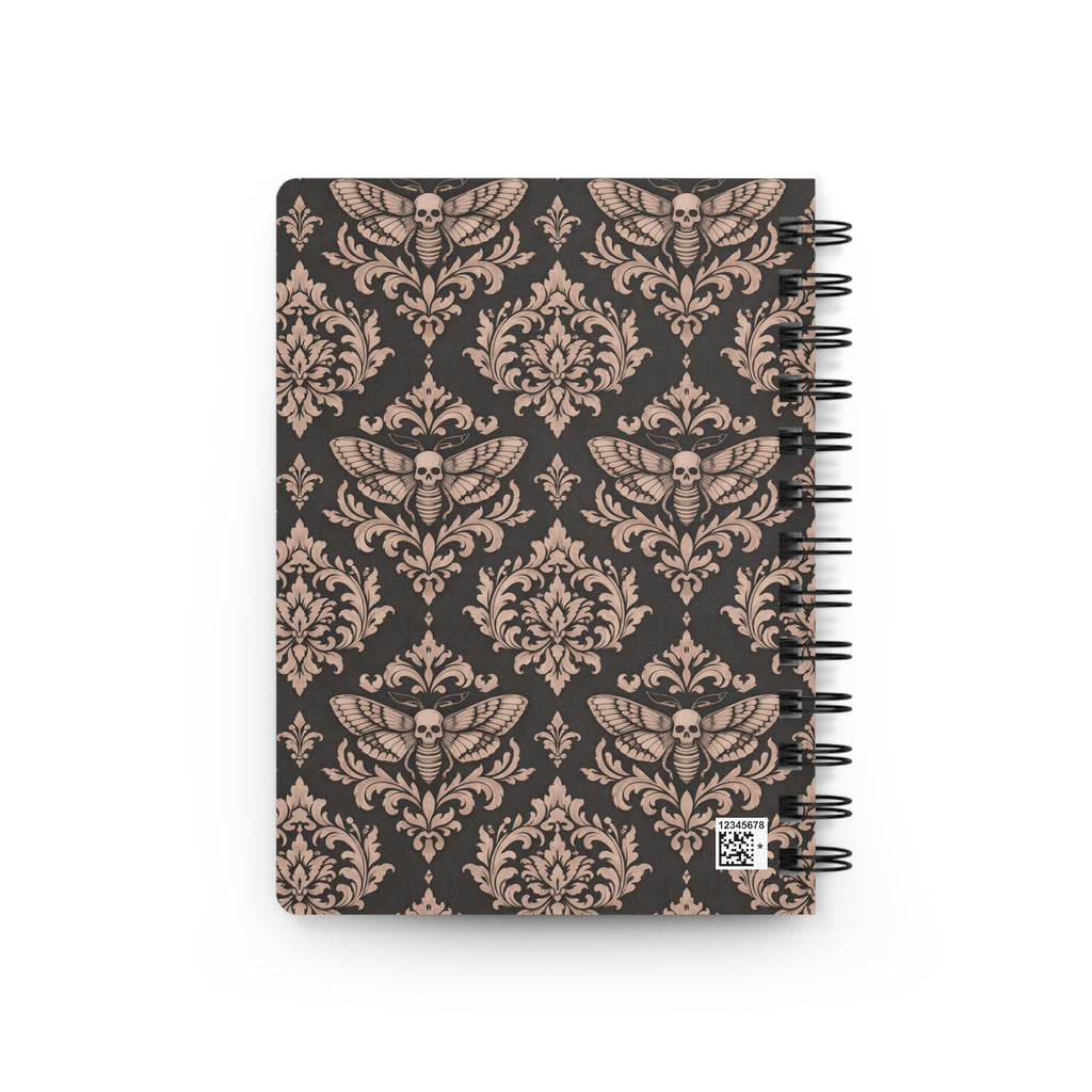 Gothic Moth Damask Spiral Journal — Vintage Skull Pattern Notebook