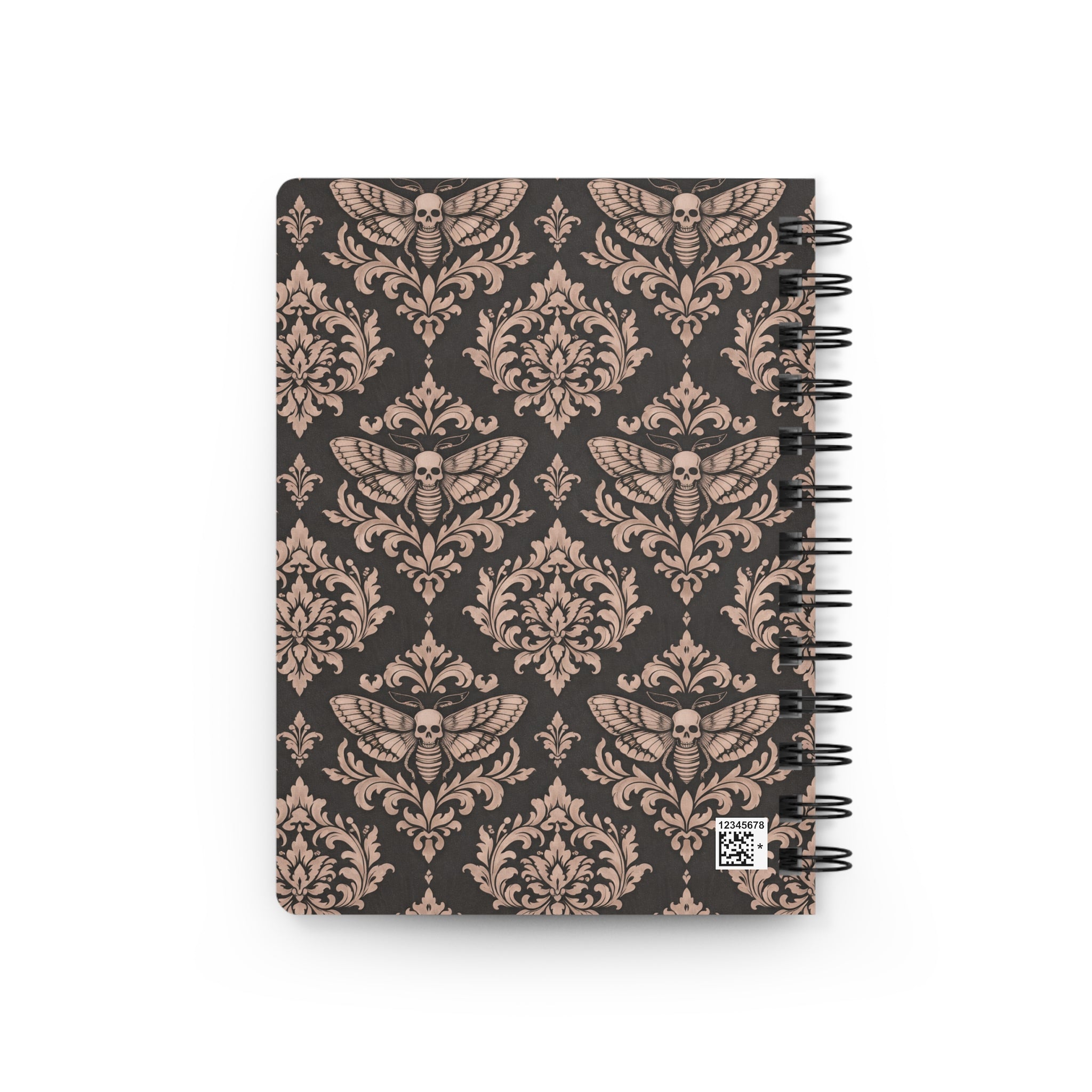 Gothic Moth Damask Spiral Journal — Vintage Skull Pattern Notebook