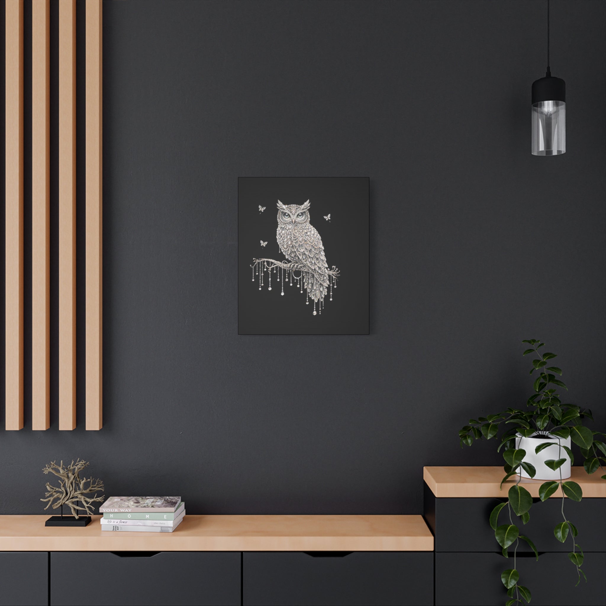 Jeweled Owl Canvas Wall Art — Sparkling Nighttime Owl Print