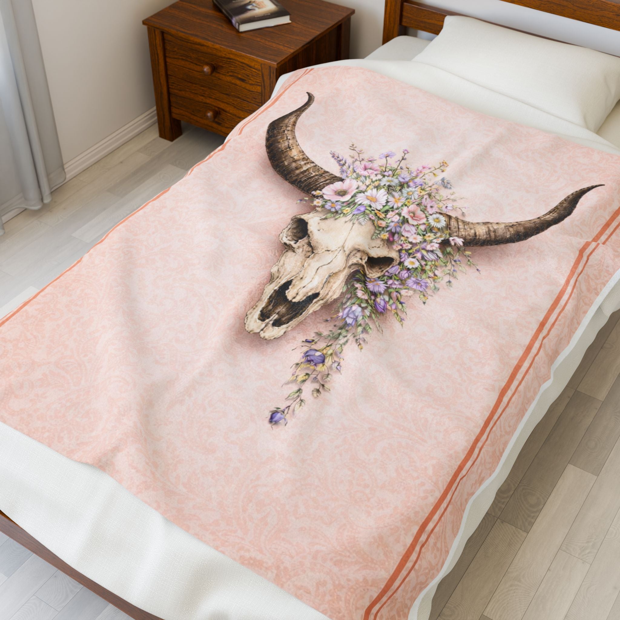 Boho Bull Skull Floral Velveteen Plush Blanket — Soft Southwestern Throw for Bedroom & Living Room