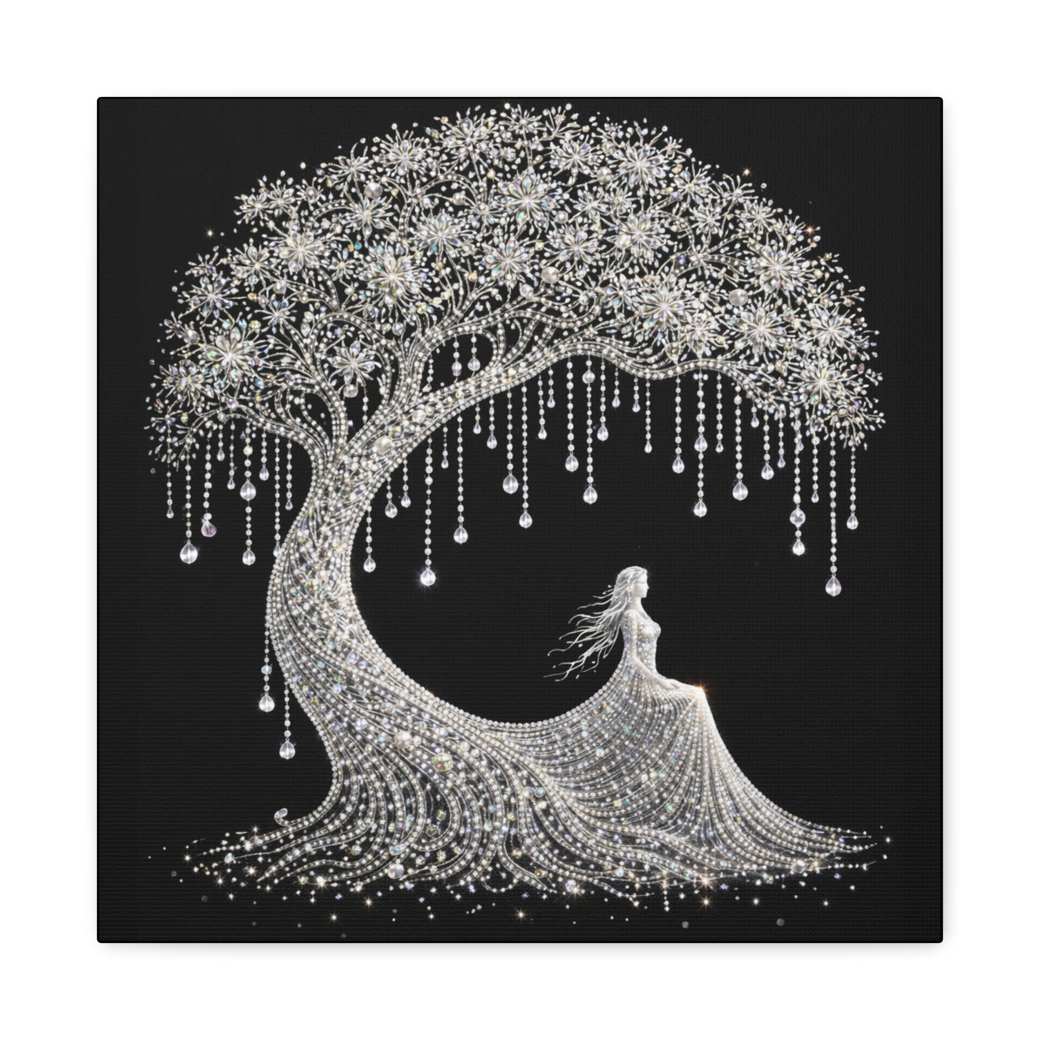Silver Crystal Tree Canvas — Elegant Woman Under Bejeweled Tree Matte Wall Art